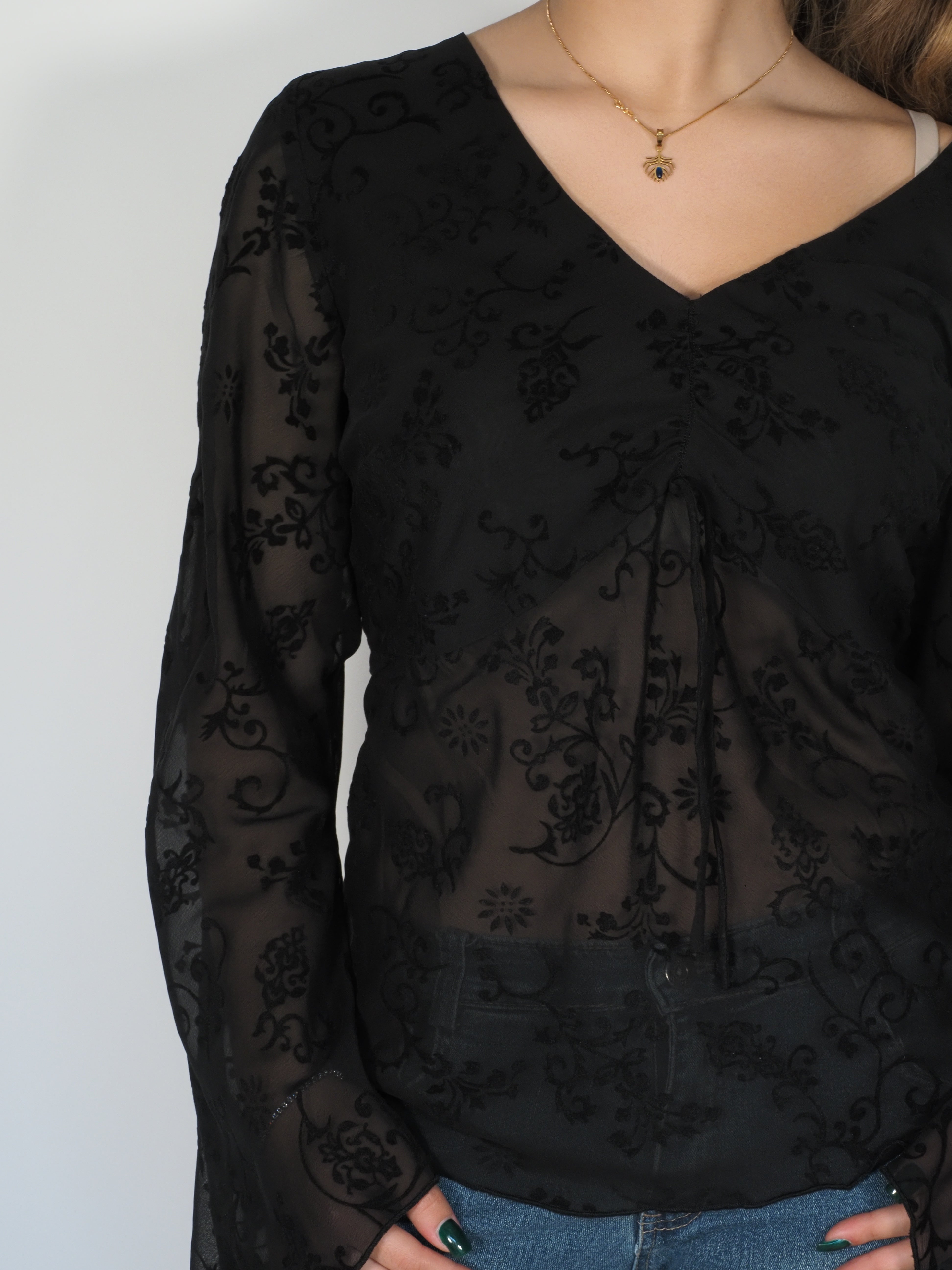 Black Flocked Sheer Blouse – MXM