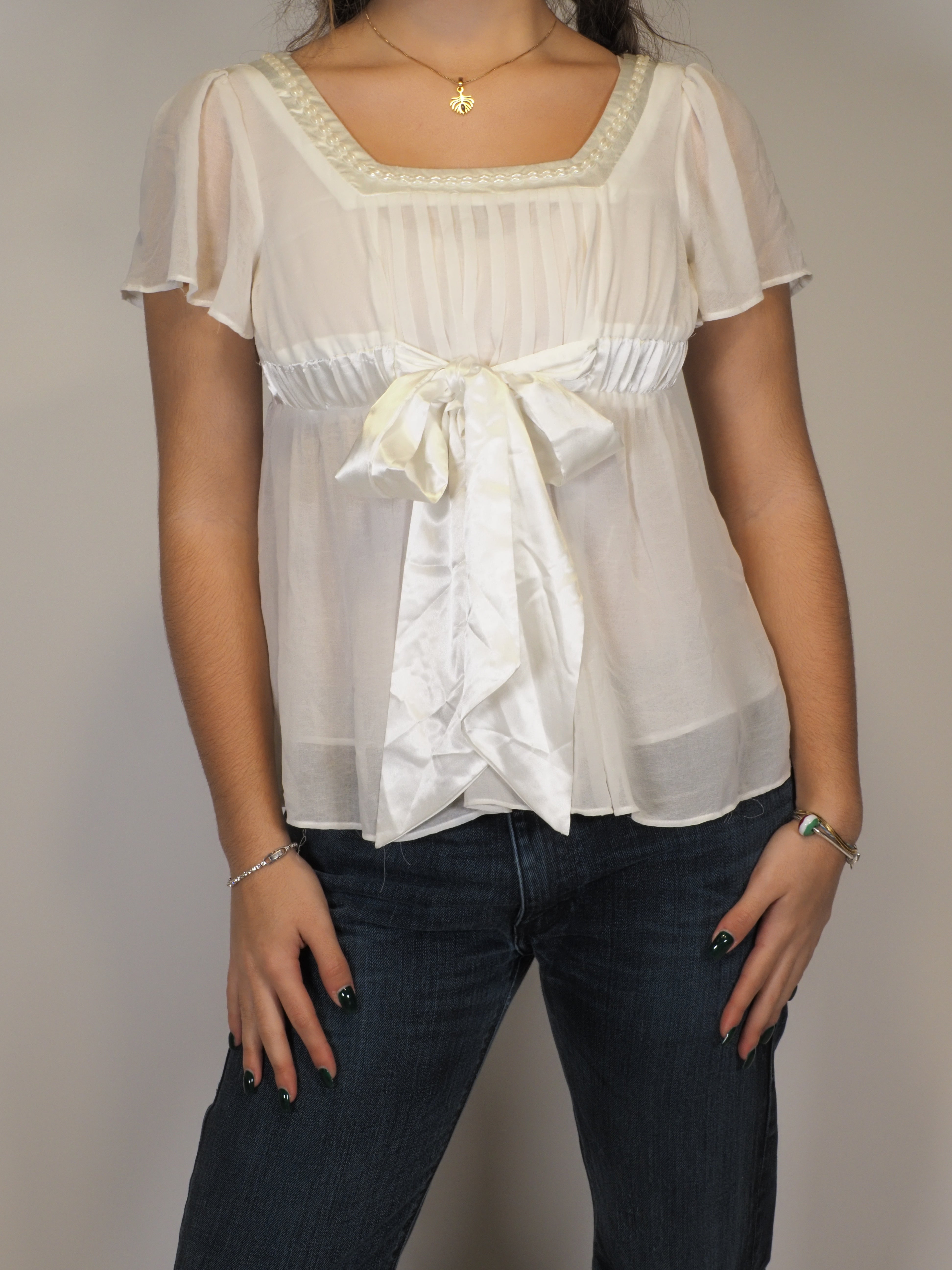 Cream Bow-Front Sheer Blouse — Mula