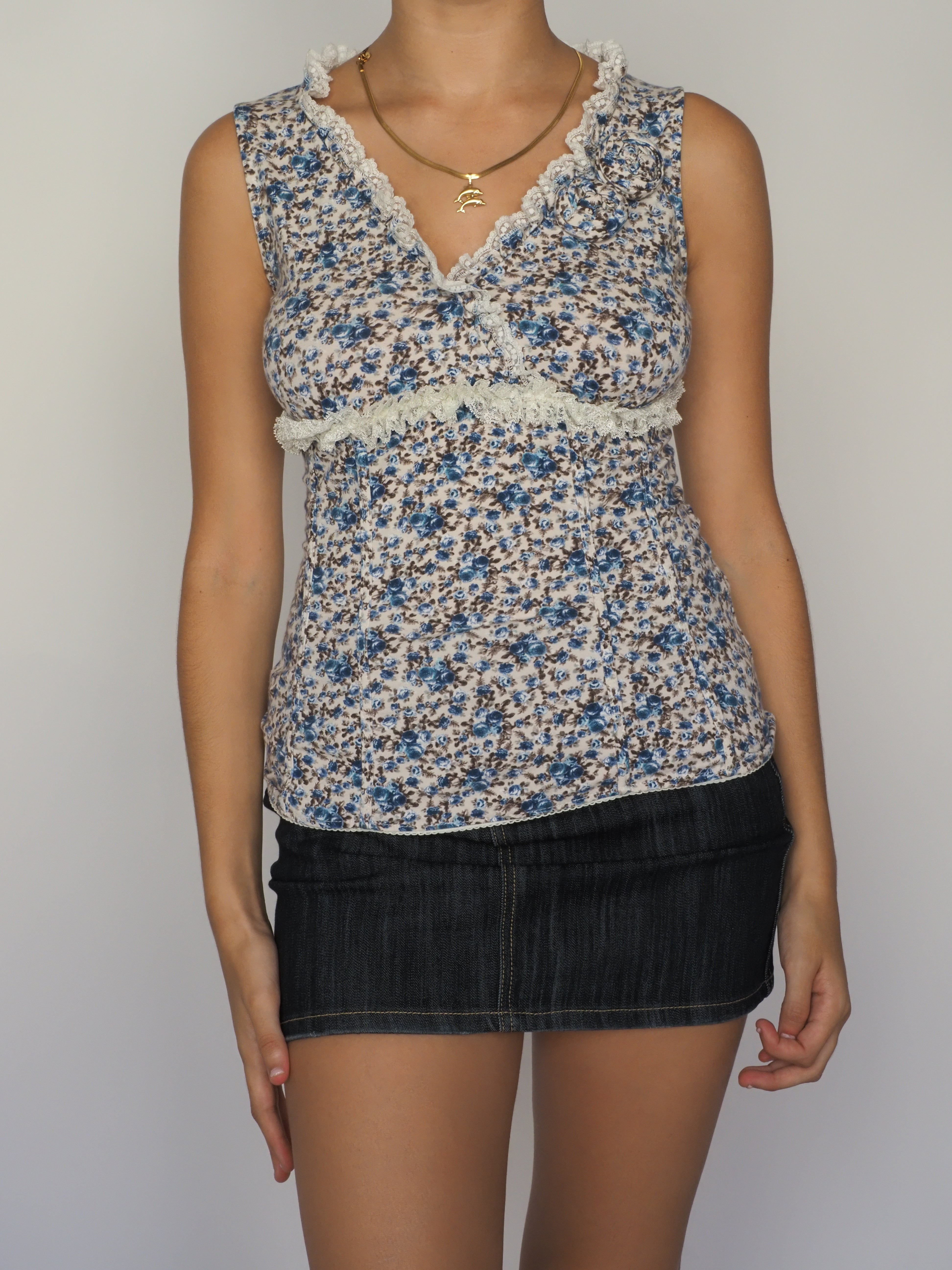 Sandro Ferrone Blue Floral Lace Trim Sleeveless Top