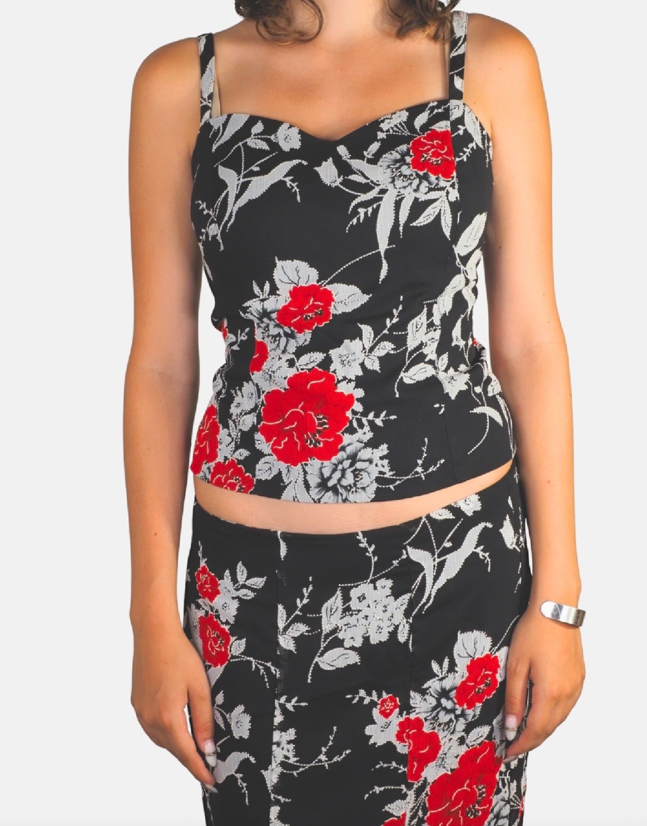 Vintage Black & Red Floral Two-Piece Cropped Top & Mermaid Midi Skirt