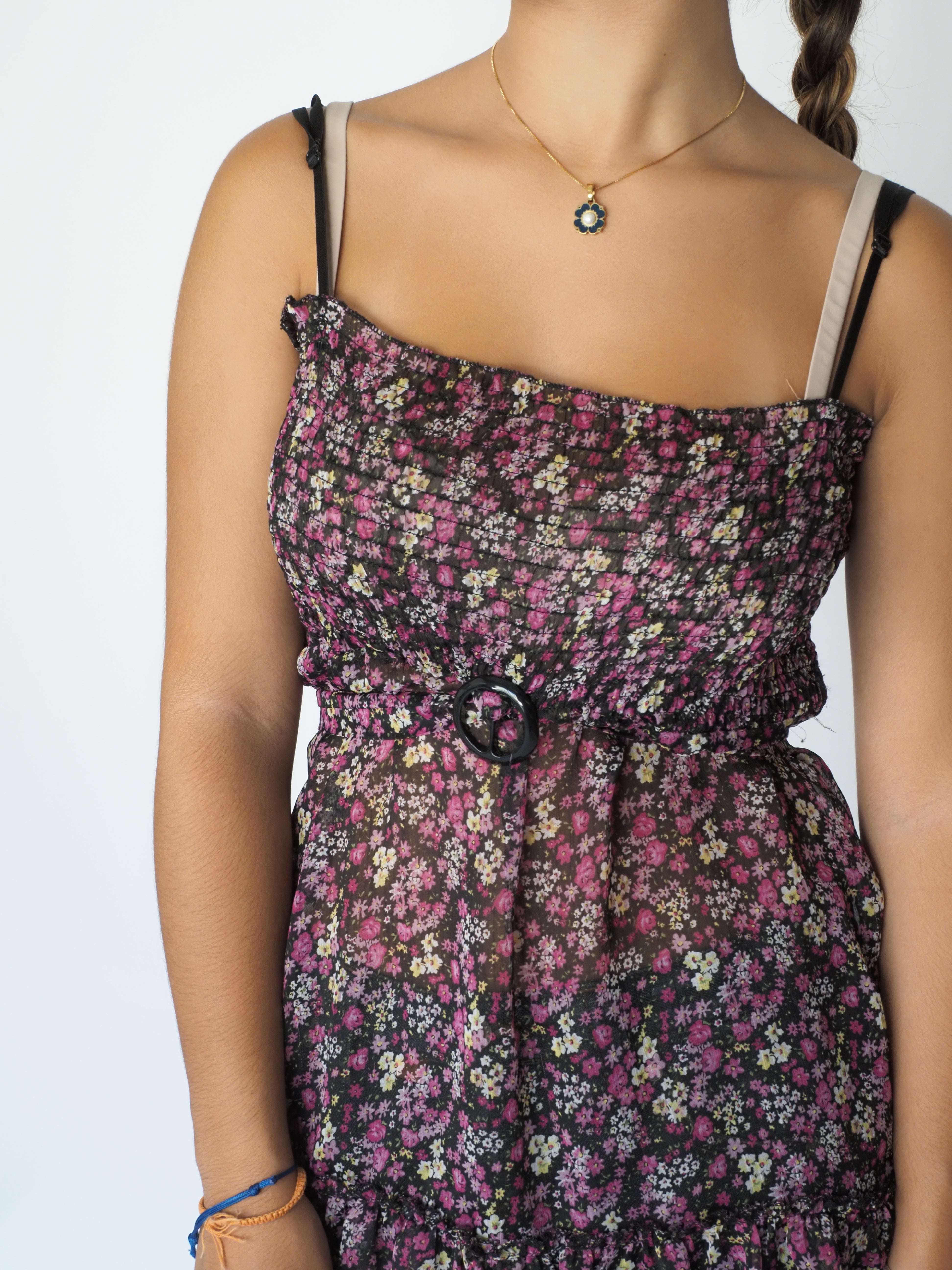 Moonlight Sheer Black Floral Mini Dress with Waist Buckle Detail