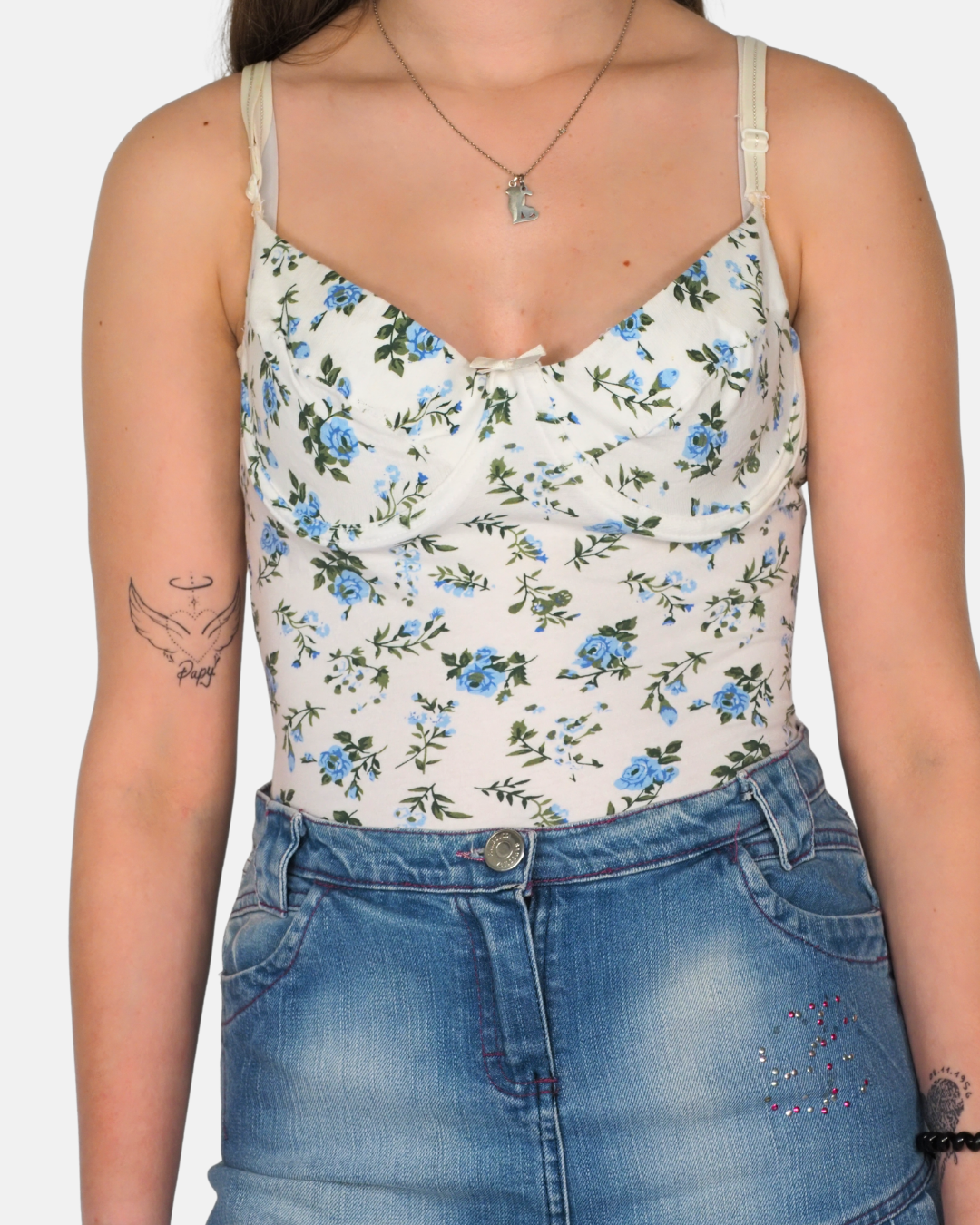 Cream & Blue Floral Bustier Camisole Bodysuit