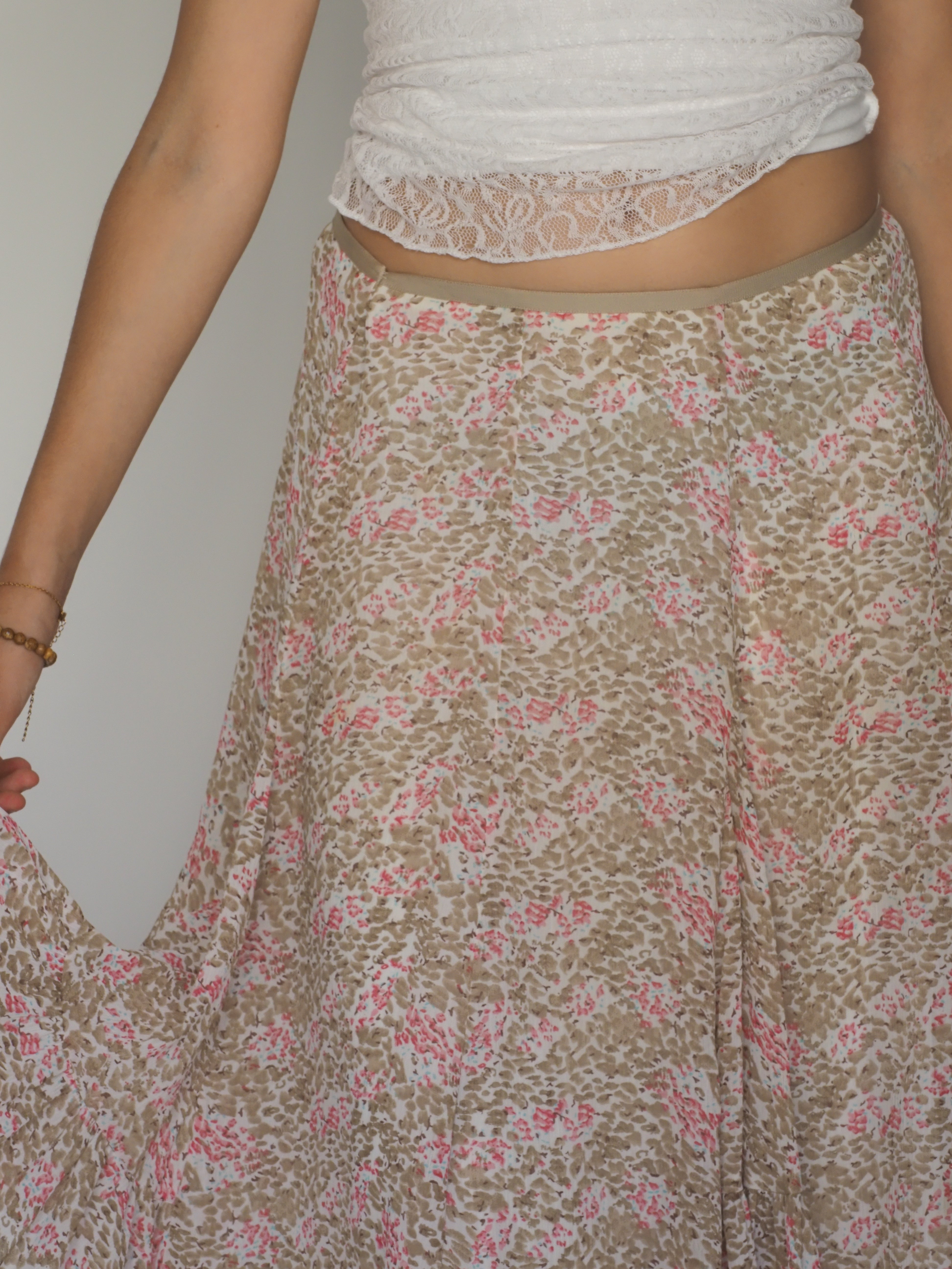 Vintage Flowing A-Line Midi Skirt in Soft Pink & Taupe Abstract Print – Mexx