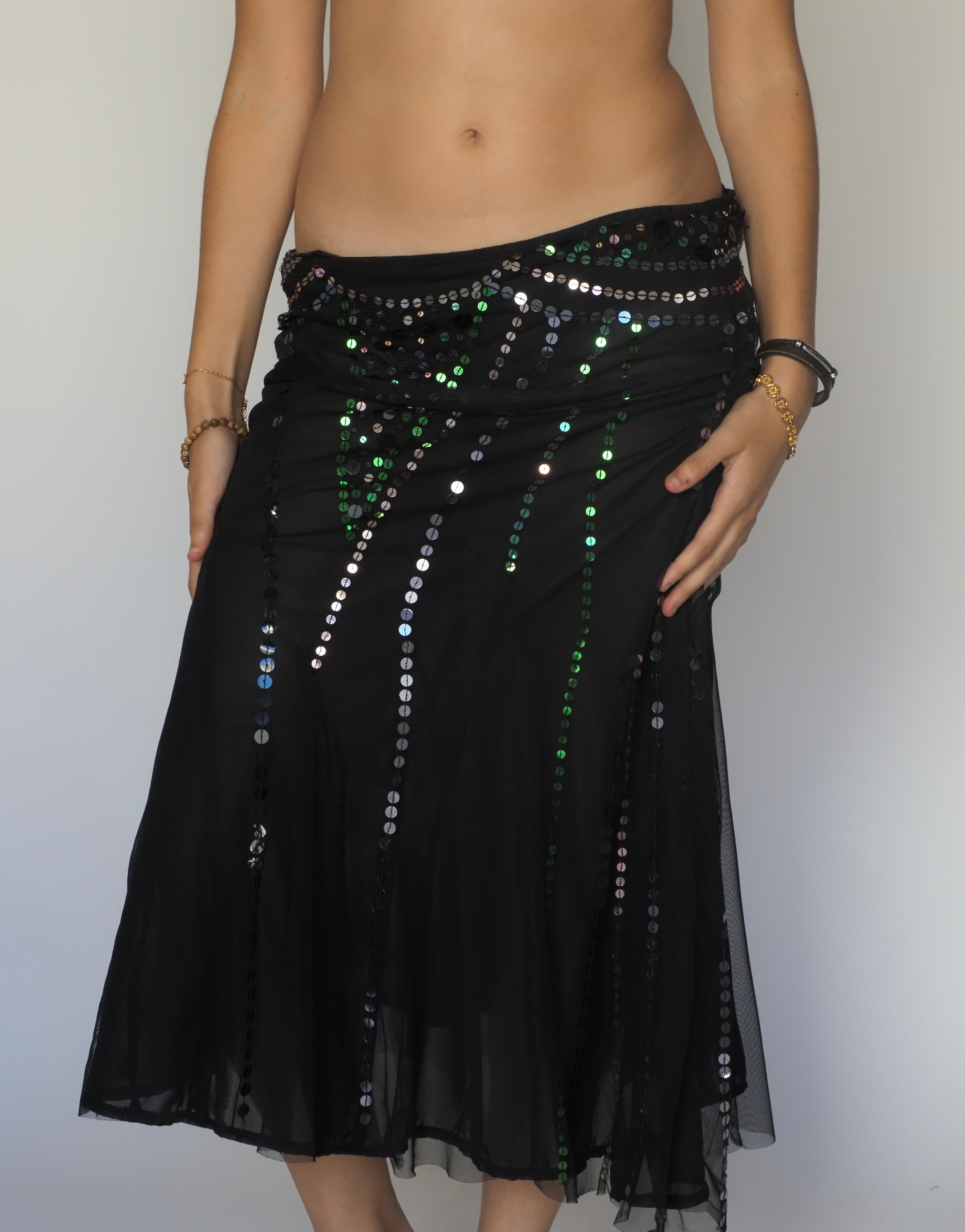 Vintage Black Sheer Midi Skirt with Sequin Stripes – Rinascimento