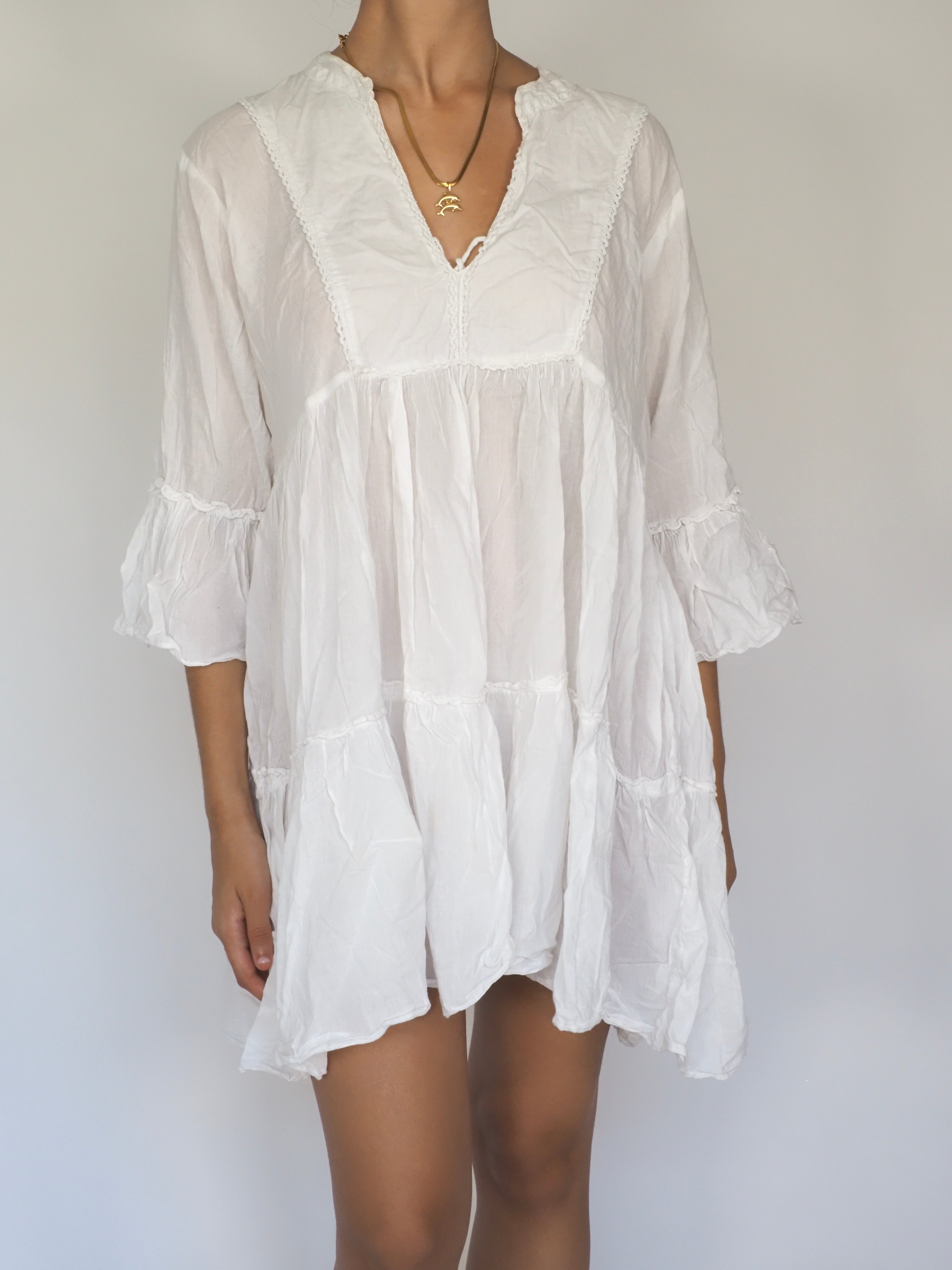 White Cotton Tiered Mini Dress
