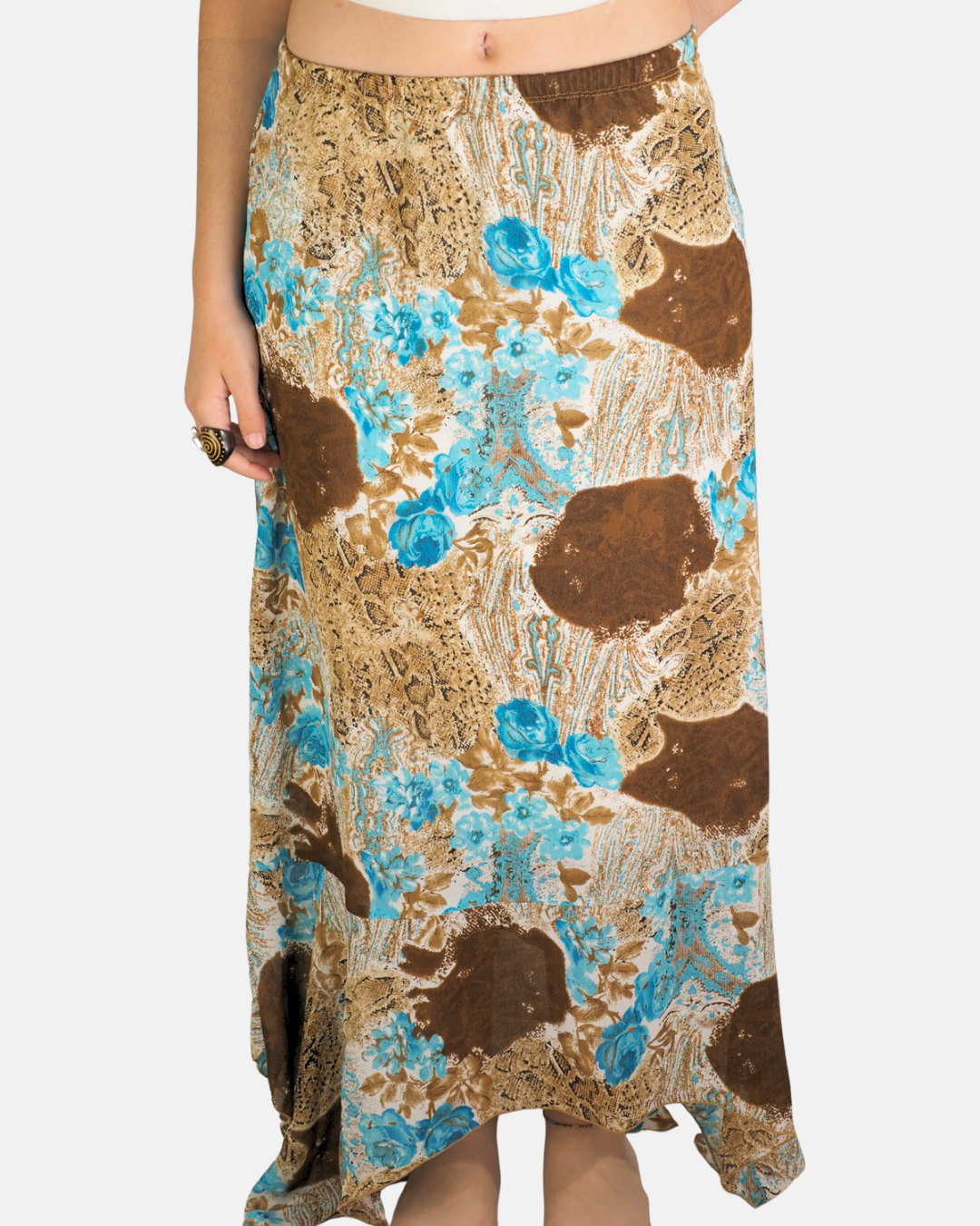 Y2K Turquoise Rose Print Maxi Skirt - Additional-Elle