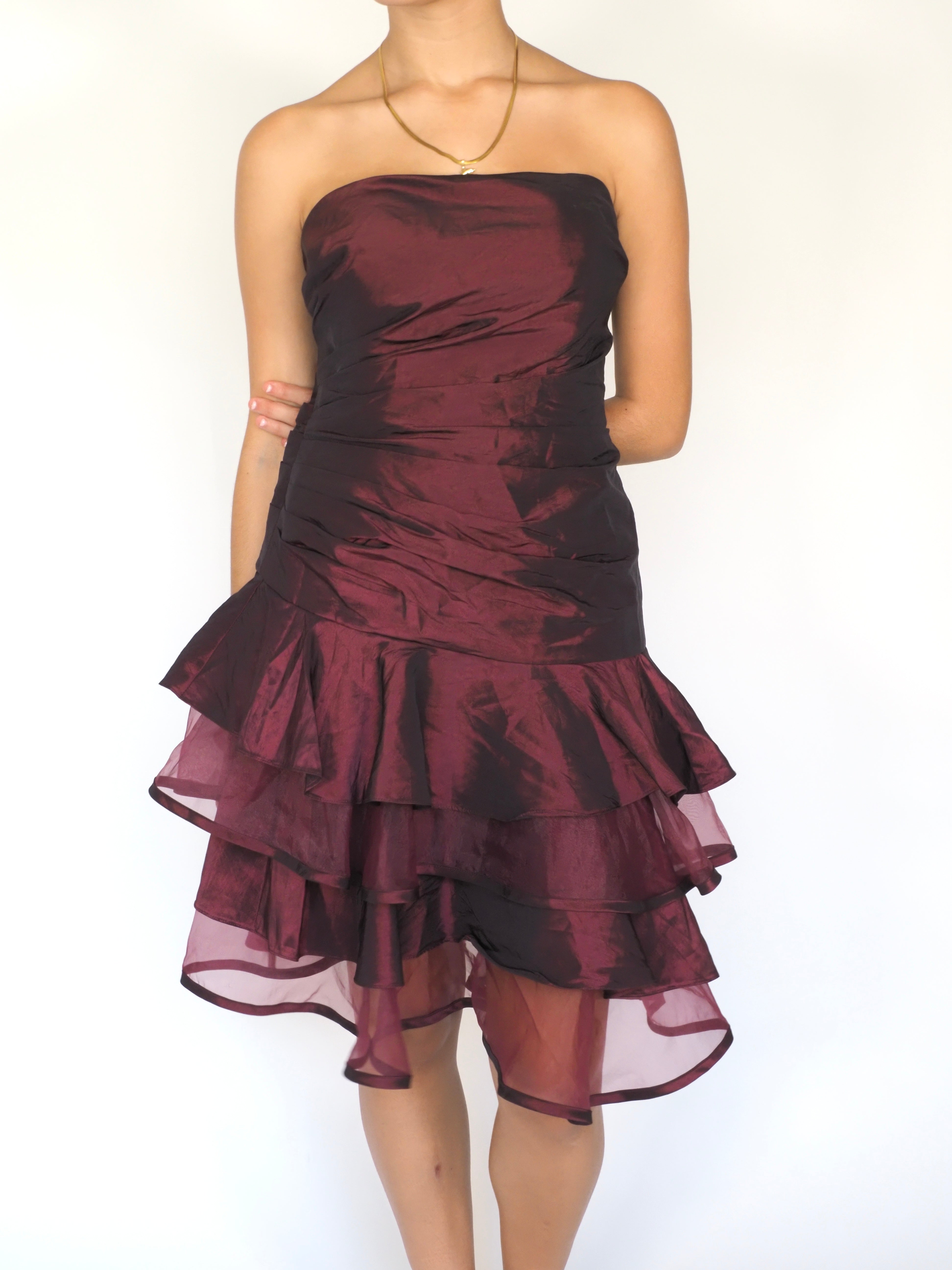 Vintage Burgundy Strapless Ruffle Cocktail Dress – Unique