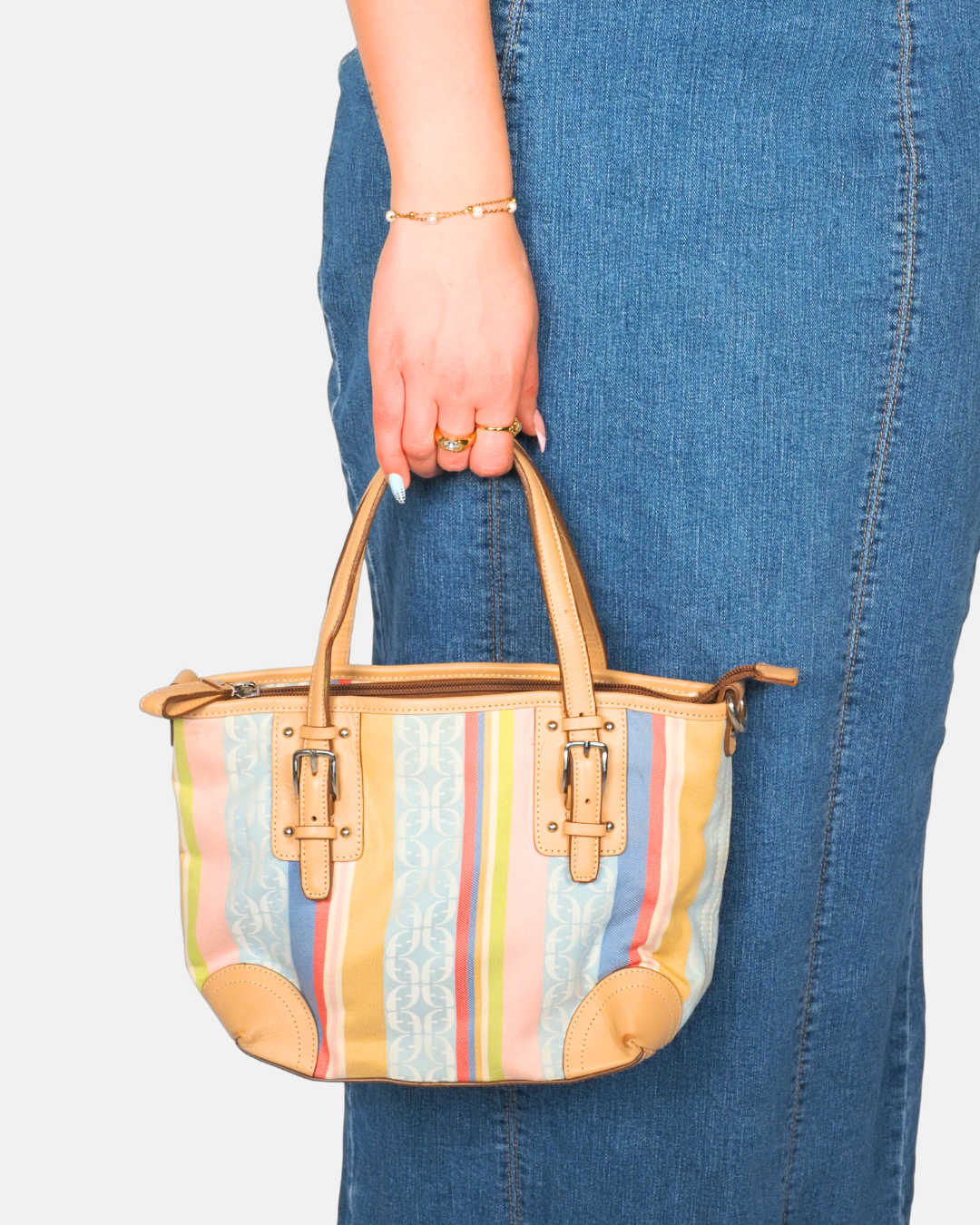 Fossil Y2K Pastel Stripe Mini Tote in Canvas & Tan Leather