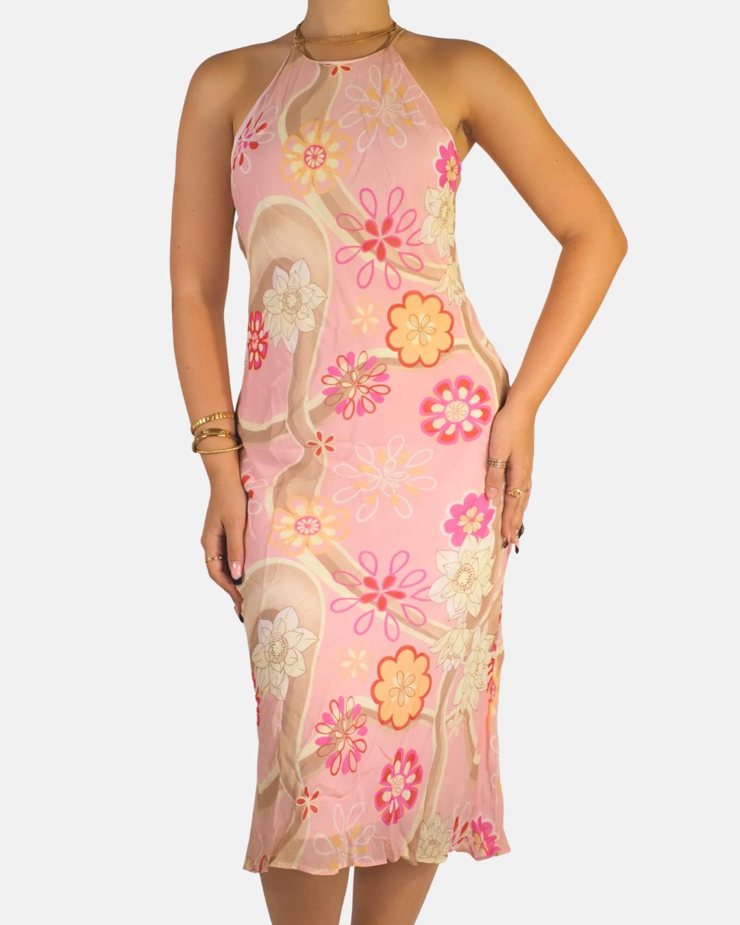 Y2K Pink Floral Halter Midi Dress - Spirit