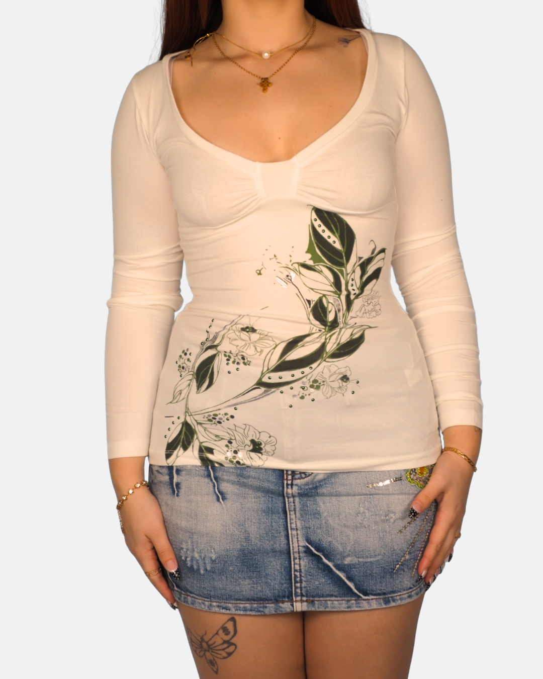Y2K Bershka Floral Mesh Long Sleeve Top in Cream