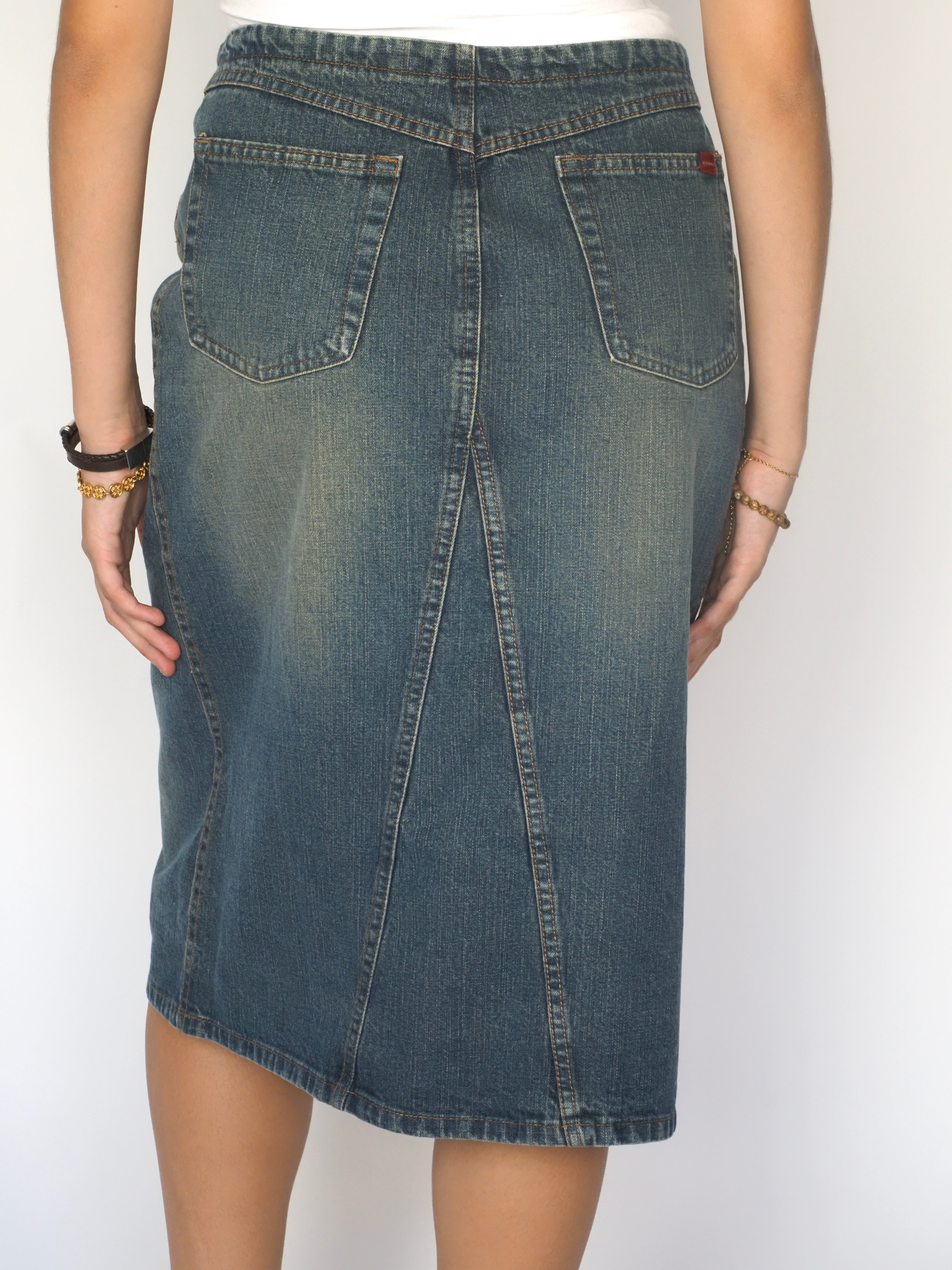 Washed Denim Midi Skirt with Asymmetric Seam – X-Cape