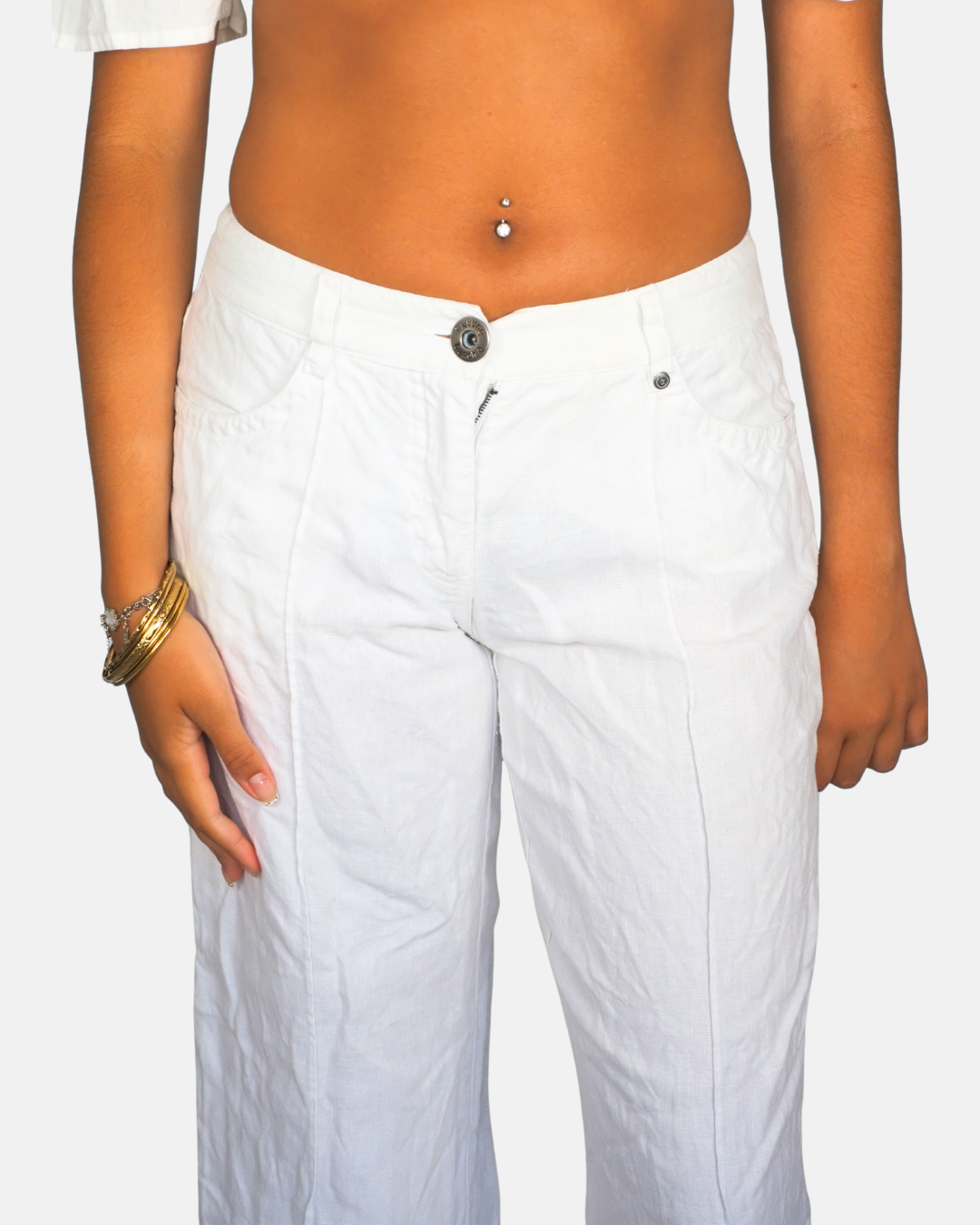 White Linen Wide Leg Trousers by b.young