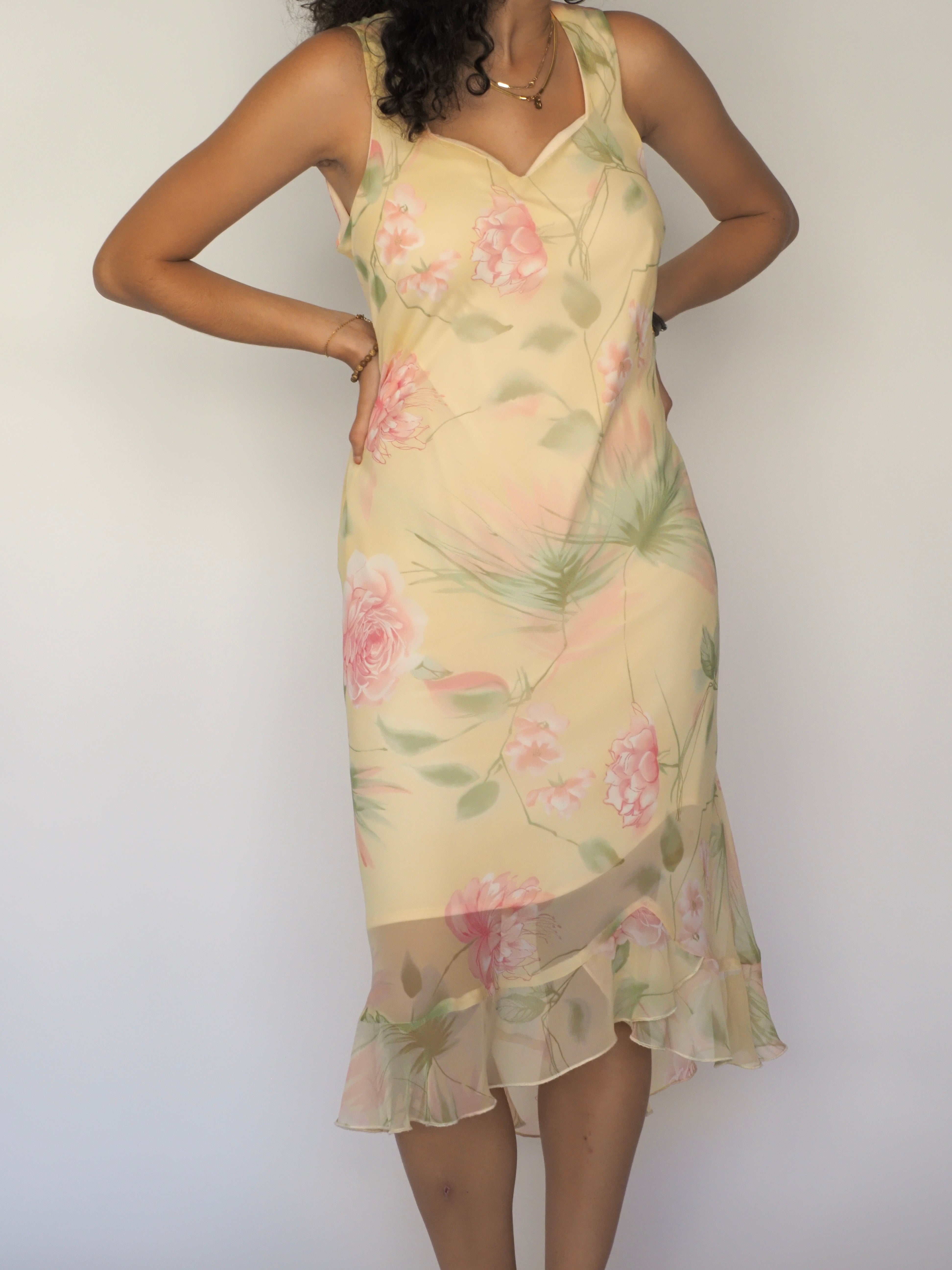 90s Yellow Floral Mesh Midi Dress with Ruffle Hem – Dressbarn