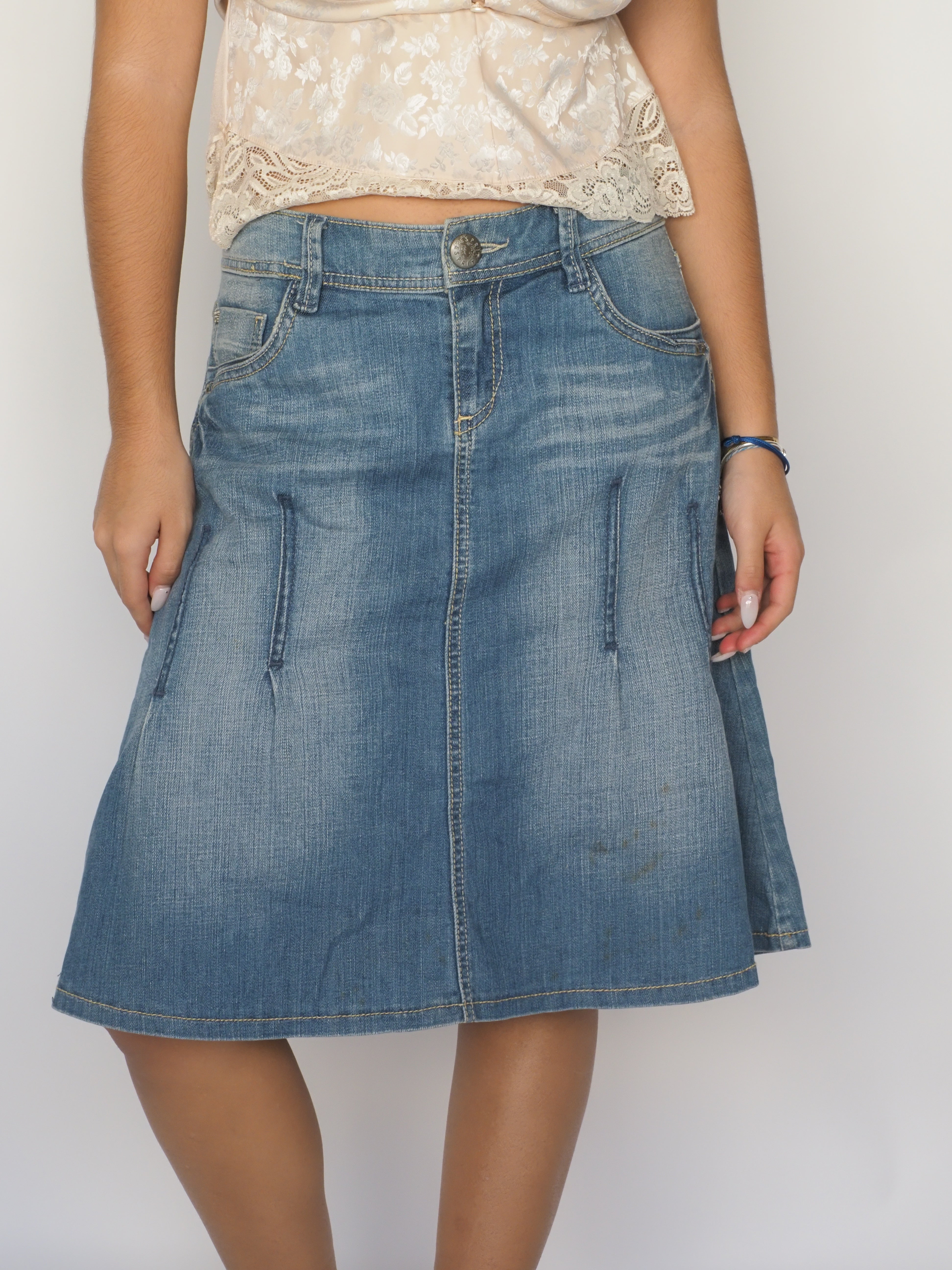 A-Line Mid-Wash Denim Midi Skirt – Esprit