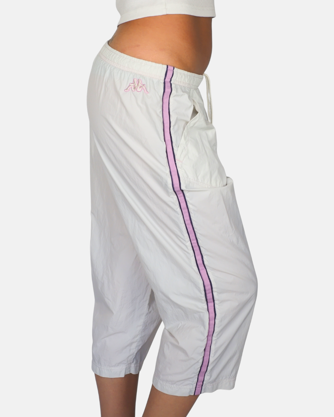 White Track Capri Pants with Lilac Side Stripe by Kappa