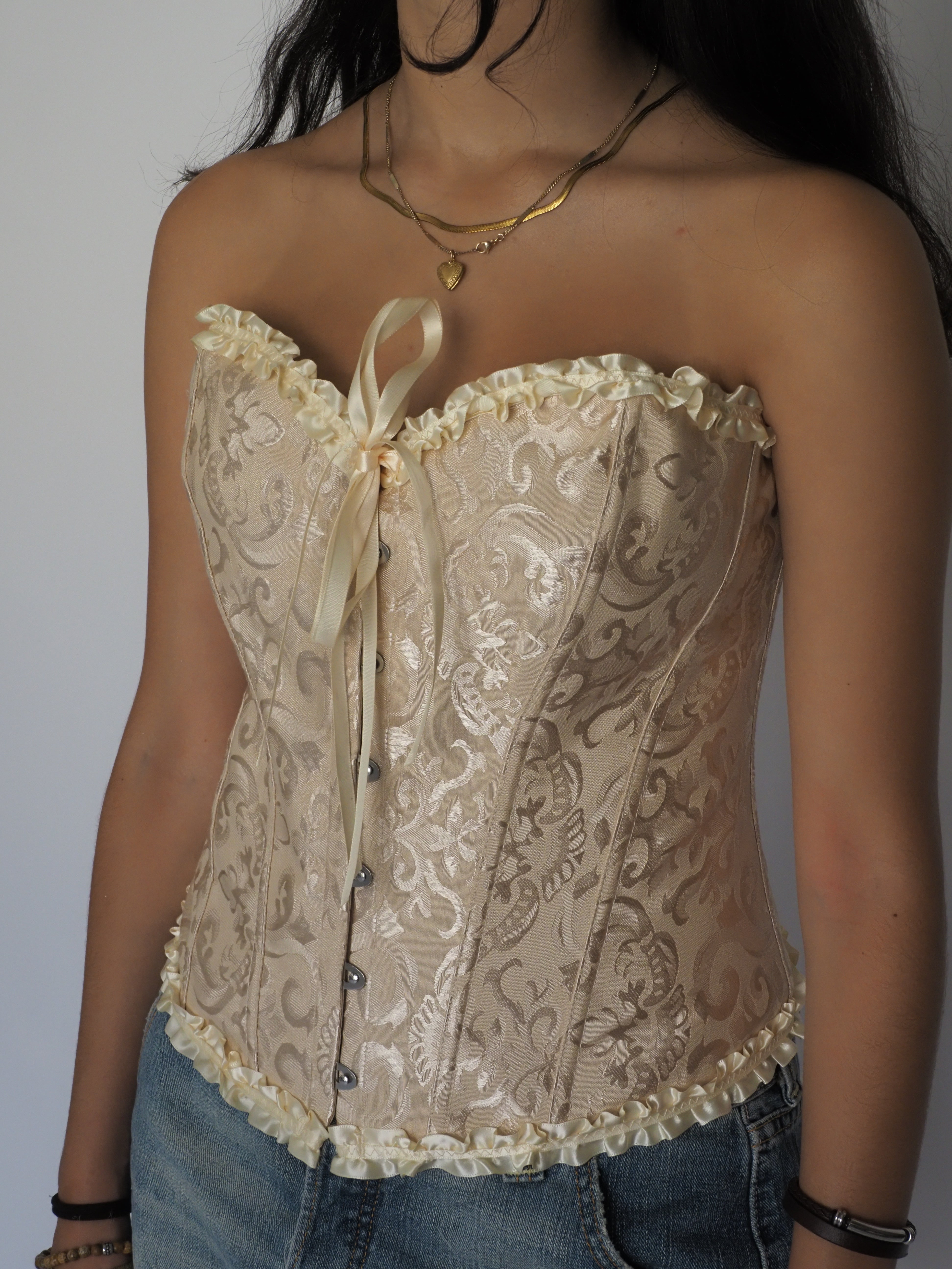 Champagne Satin Brocade Corset with Satin Ruffle Trim & Bow