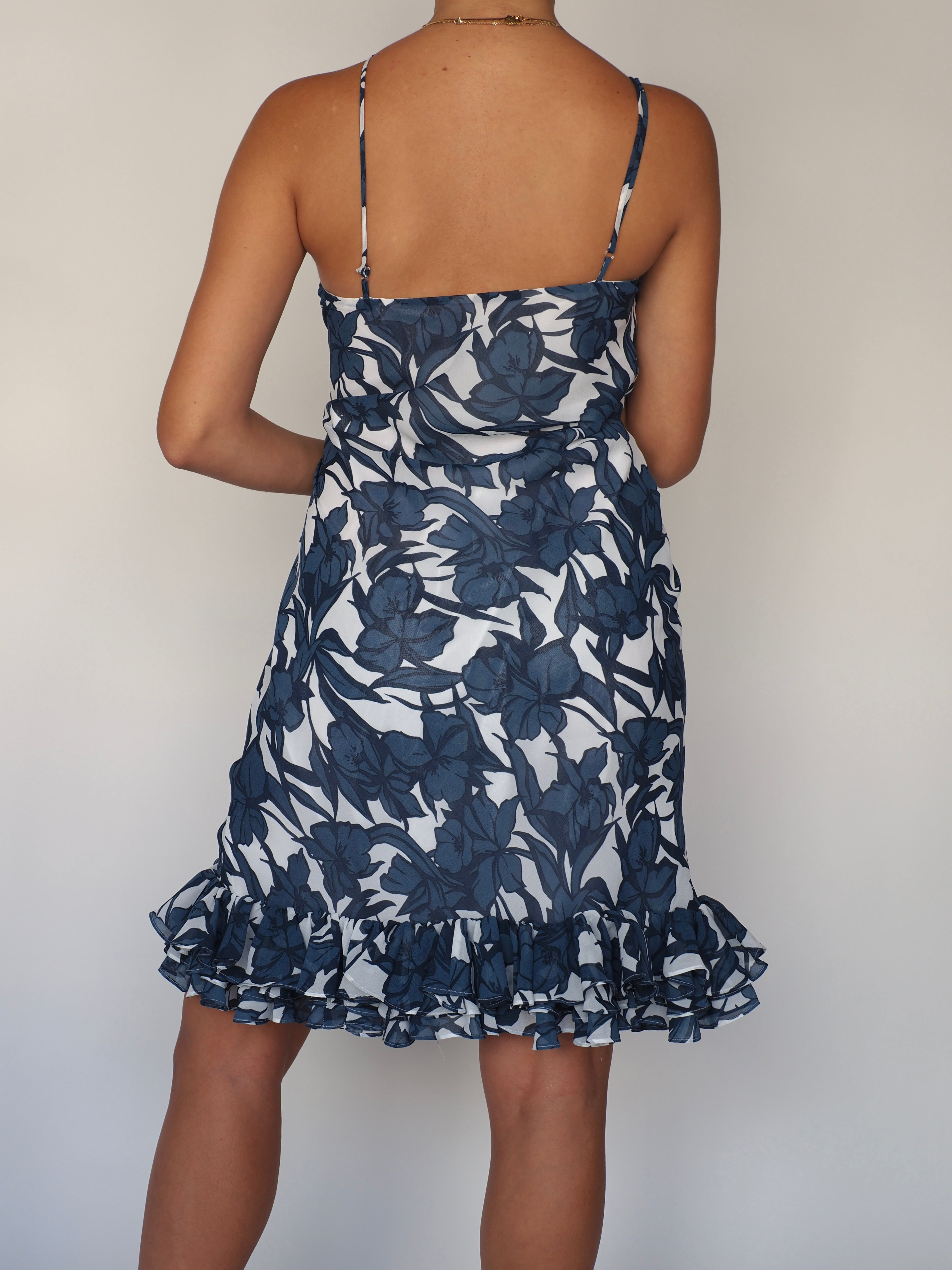 Venus Navy Floral Ruffle-Hem Mesh Midi Dress