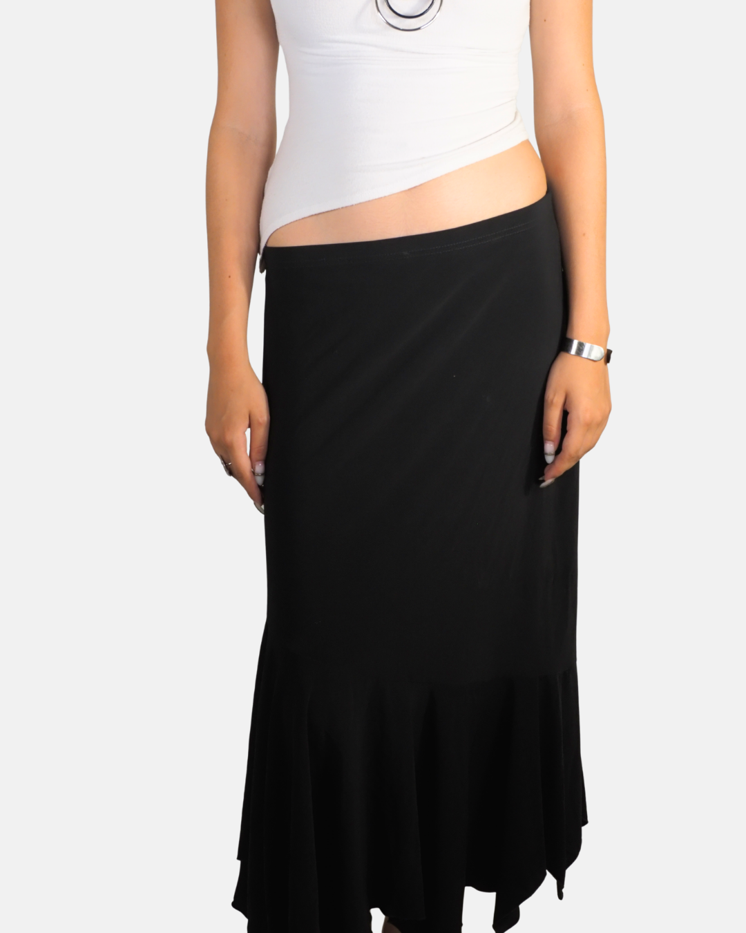 Black Low Rise Fishtail Maxi Skirt