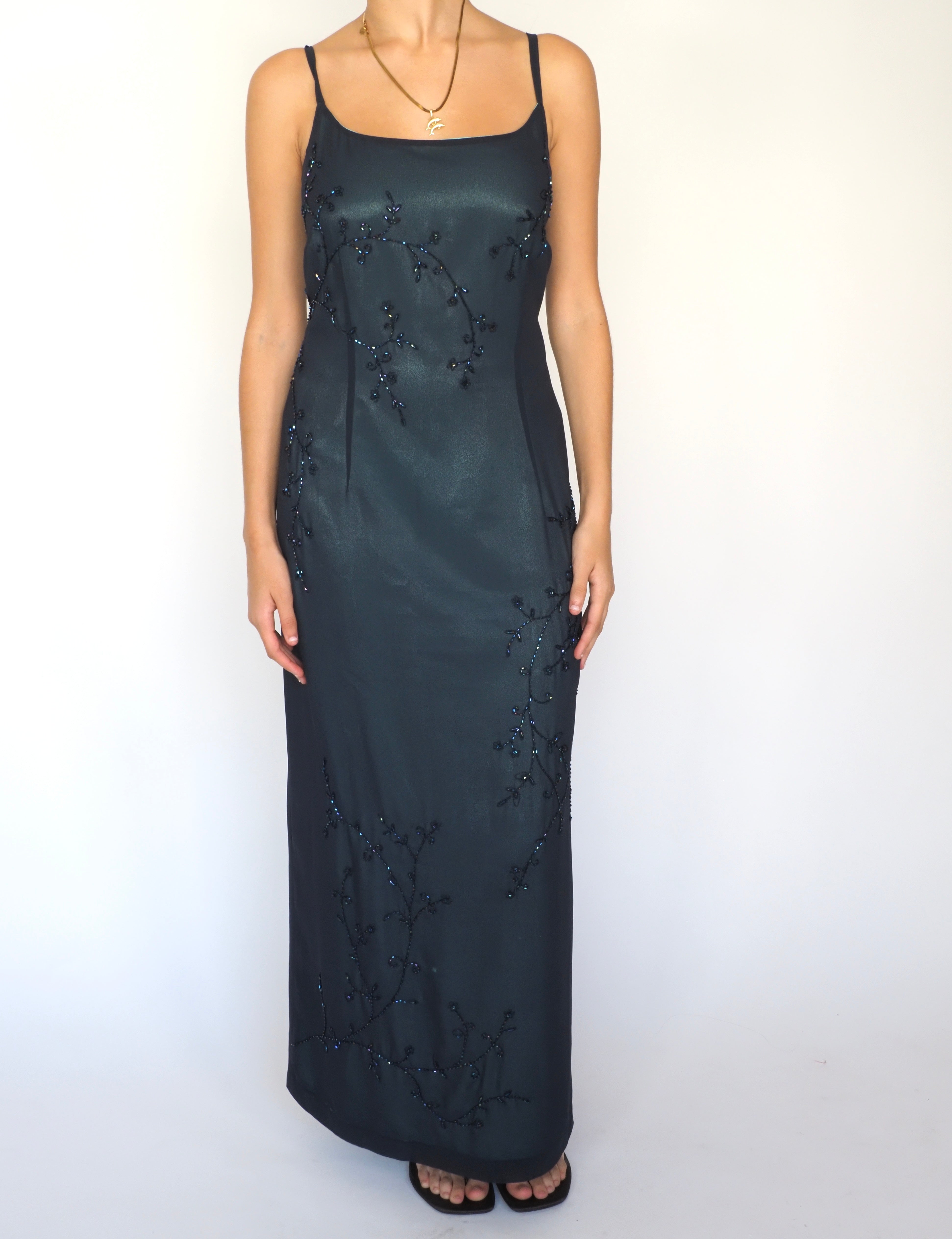 Midnight Blue Satin Beaded Slip Gown