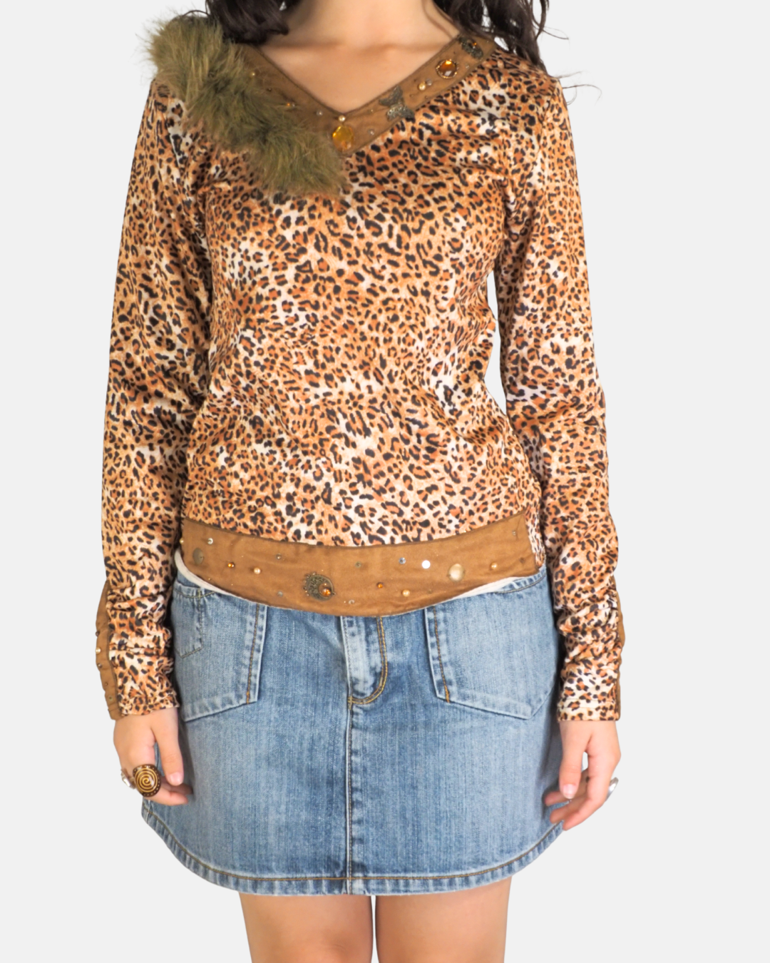 Leopard Print Faux Fur Trim Top - Xasi