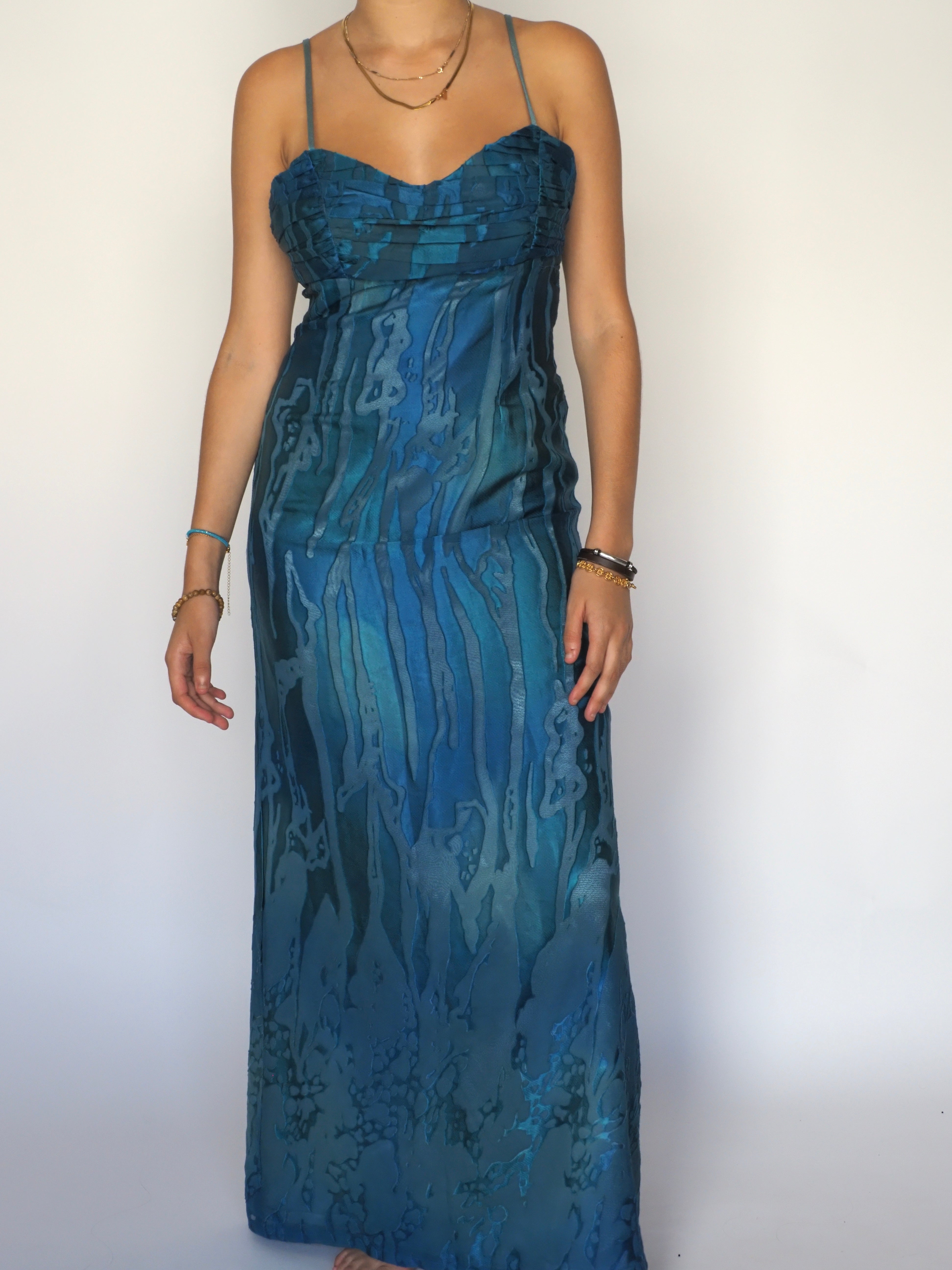 Ocean Blue Abstract Satin Maxi Dress