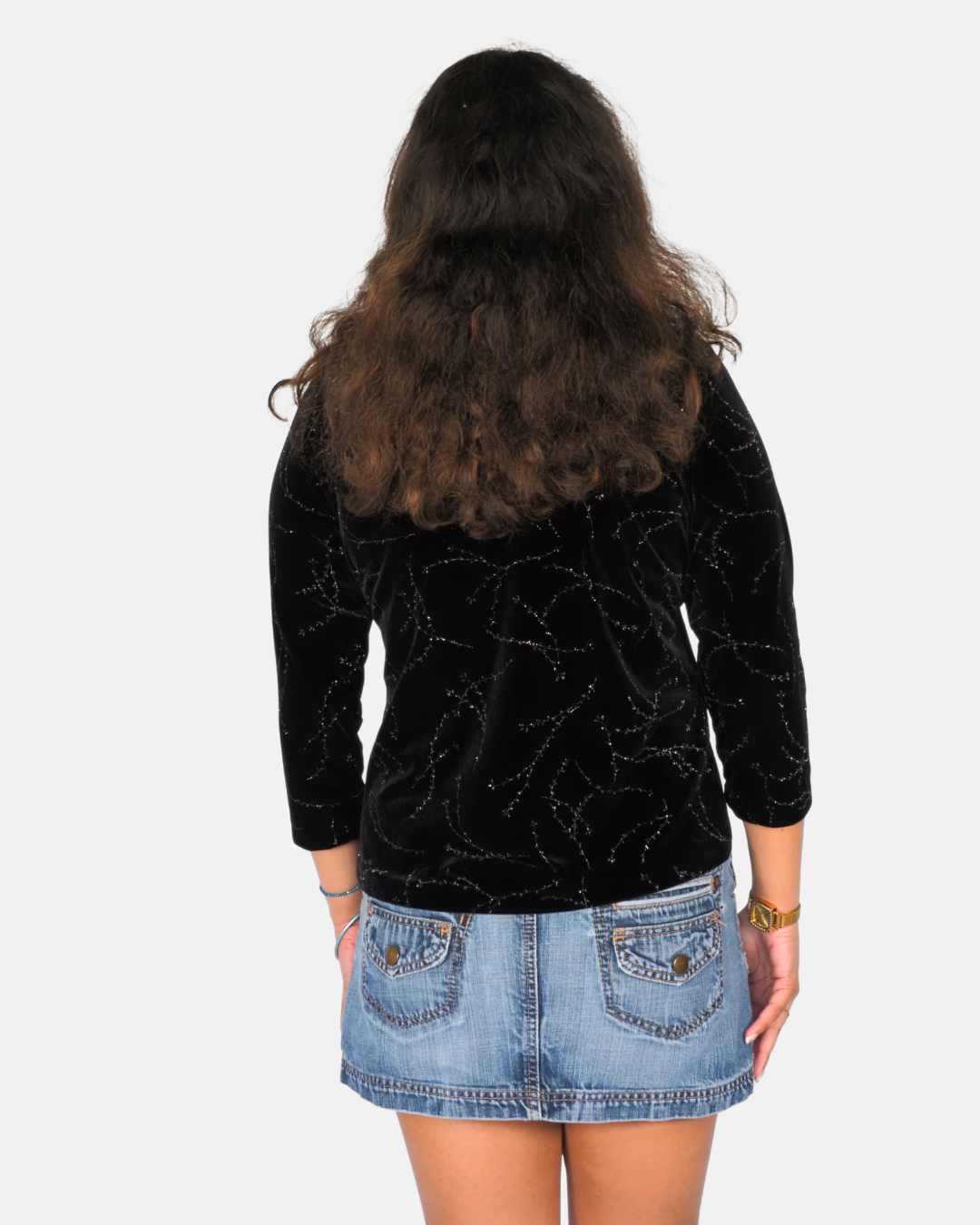 Vintage Black Velvet Glitter Y2K Long Sleeve Top