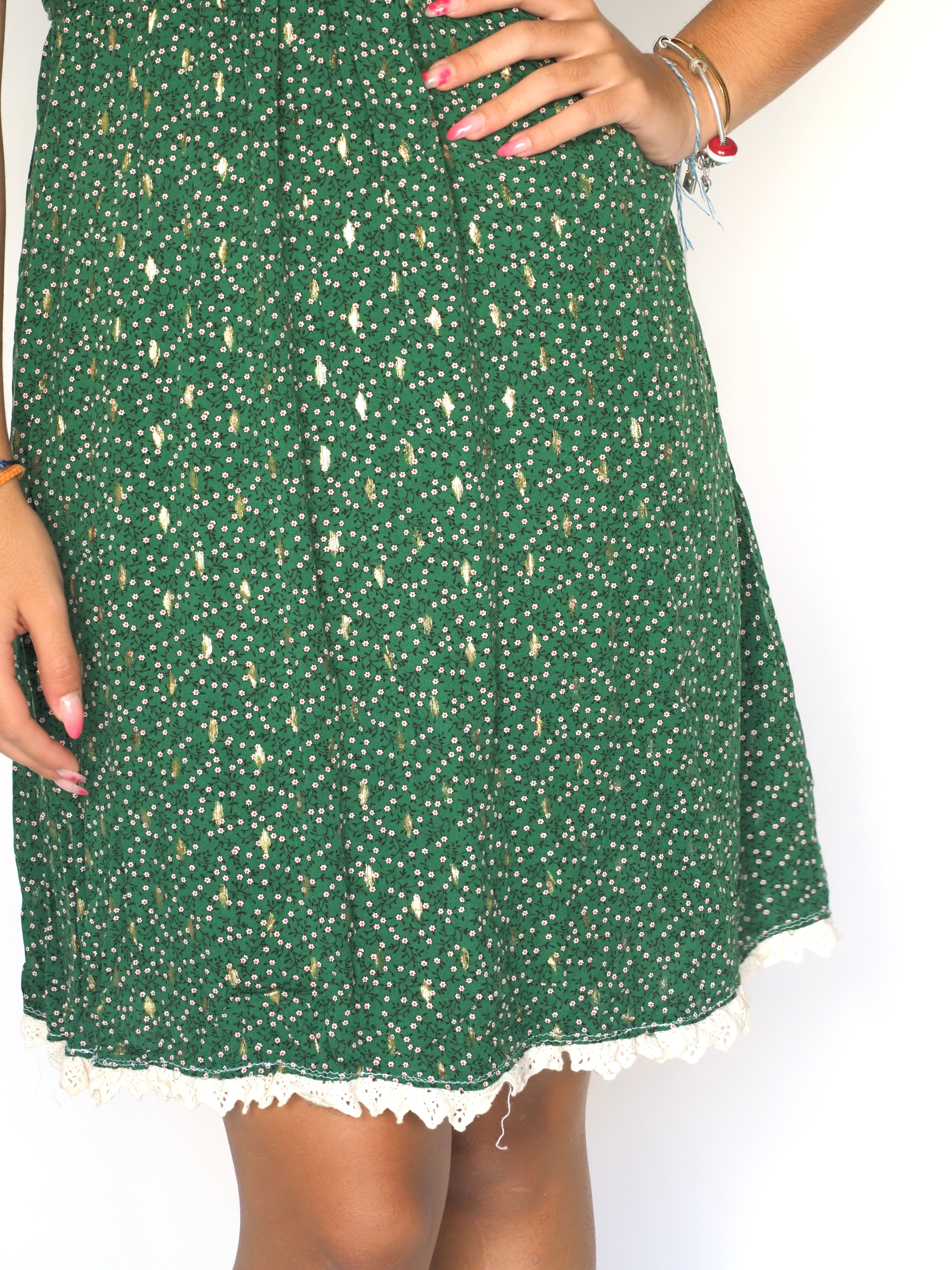 Green Wrap-Style Mini Dress with Gold Speckle Print & Lace Hem – H&L