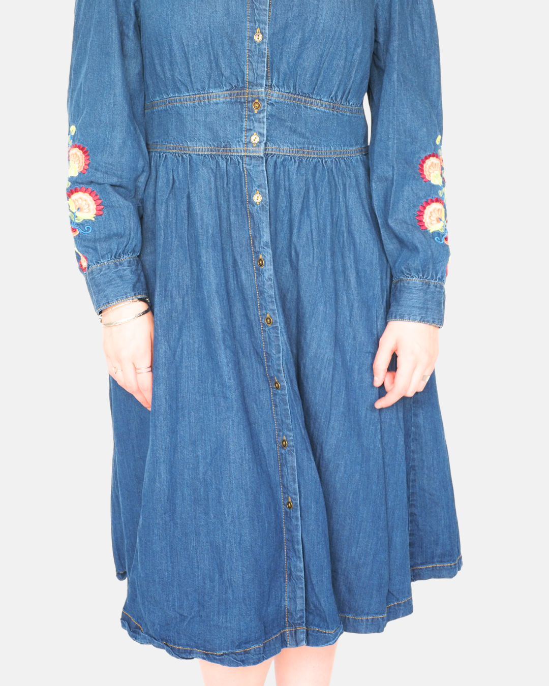 Monsoon Dress in Denim with Floral Embroidery