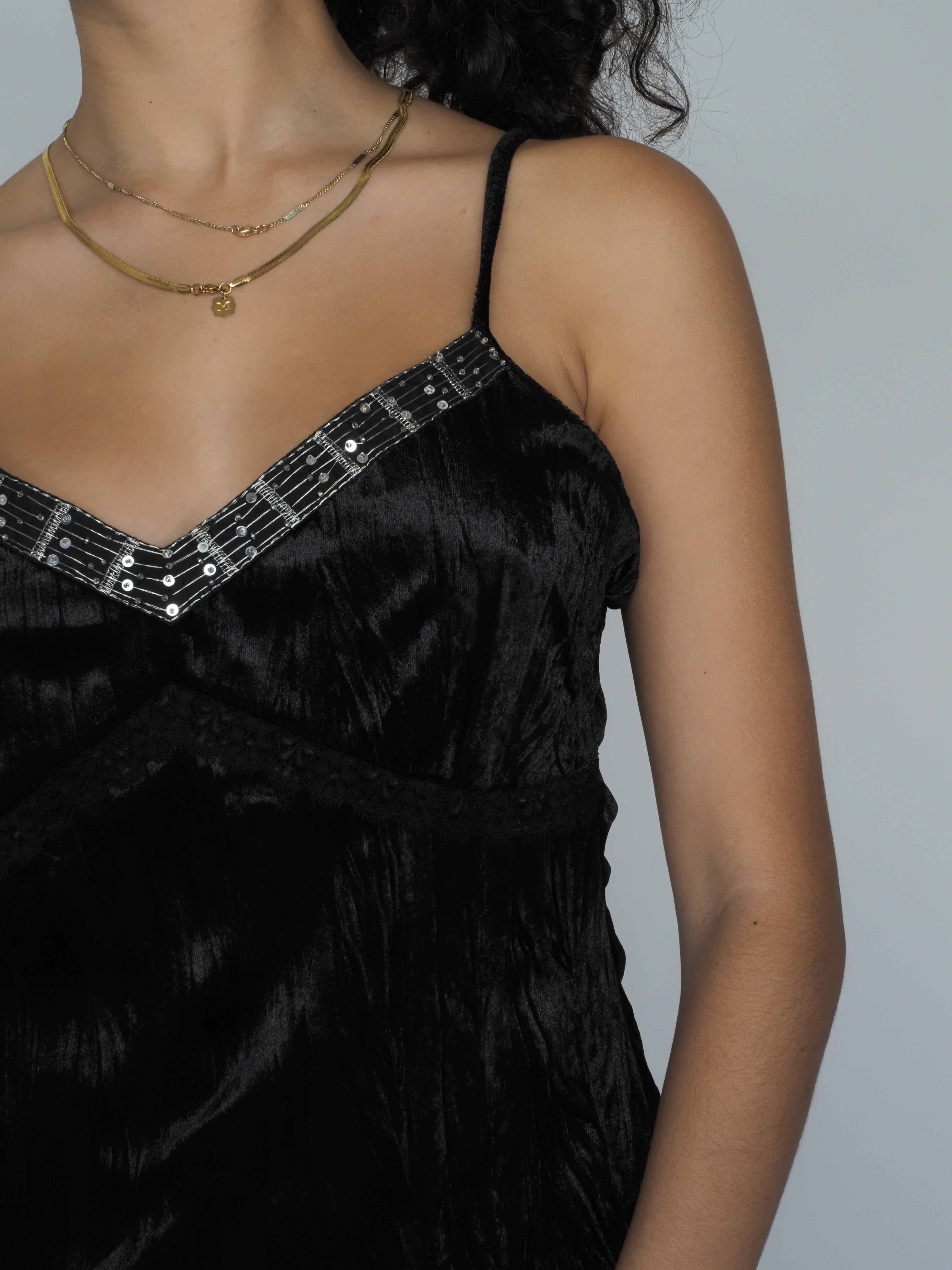 Vintage Satin Camisole with Beaded Trim – Black