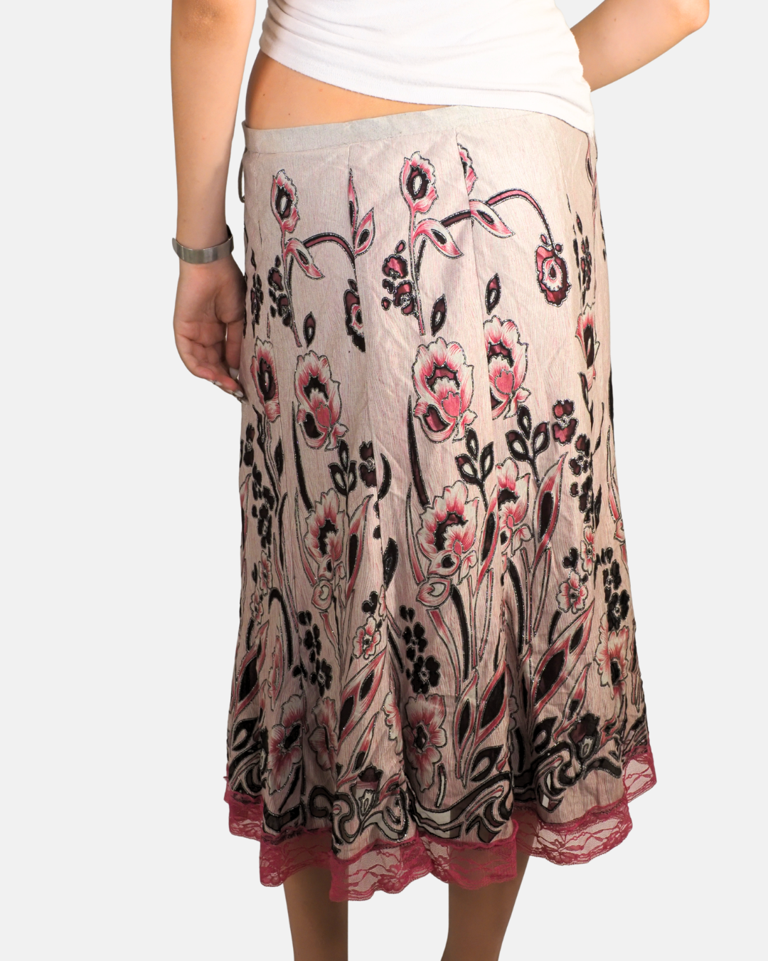 Pink Embellished Floral Midi Skirt - Ana London