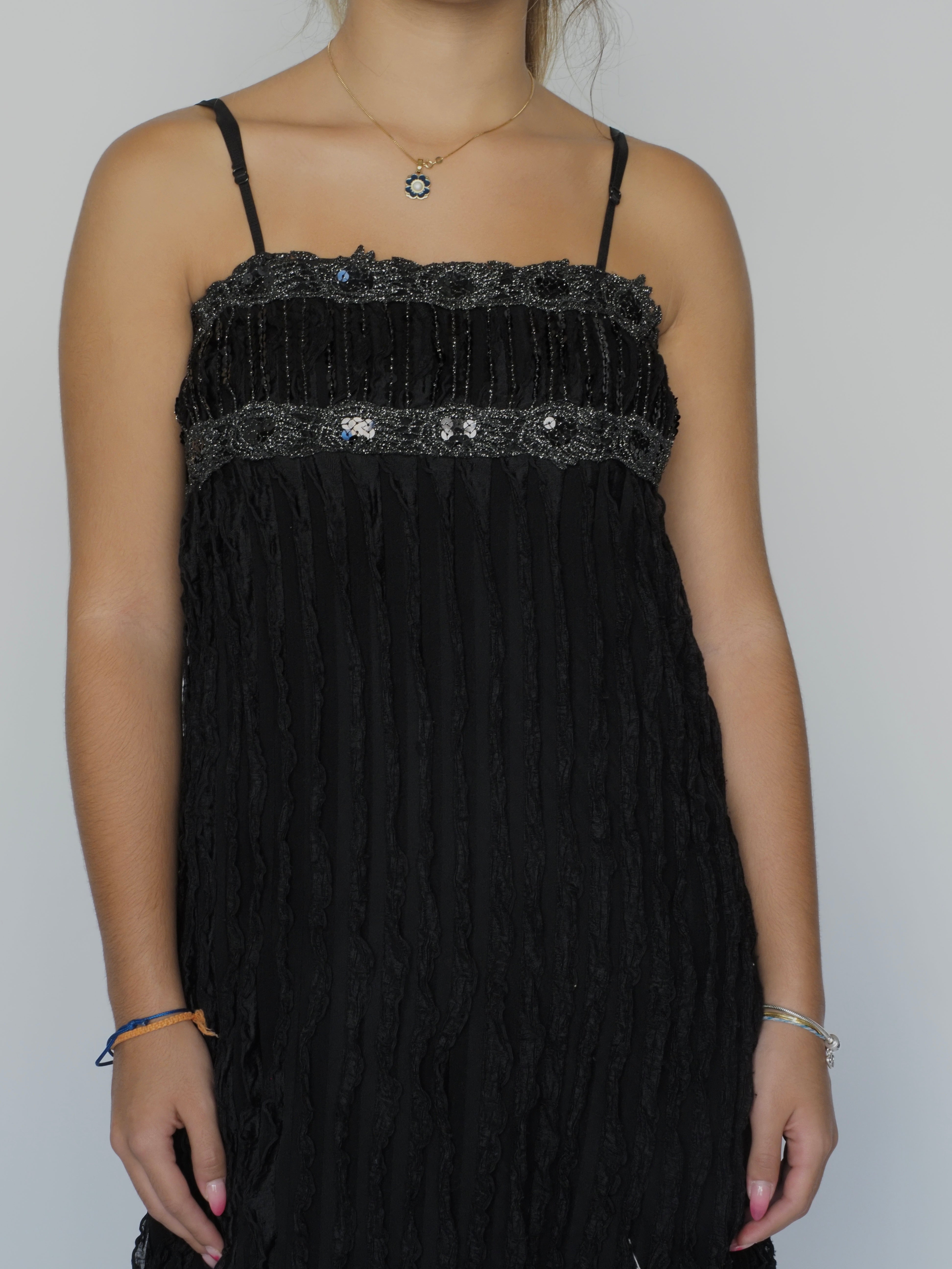 Black Crinkle Mini Dress with Beaded Trim – Club L