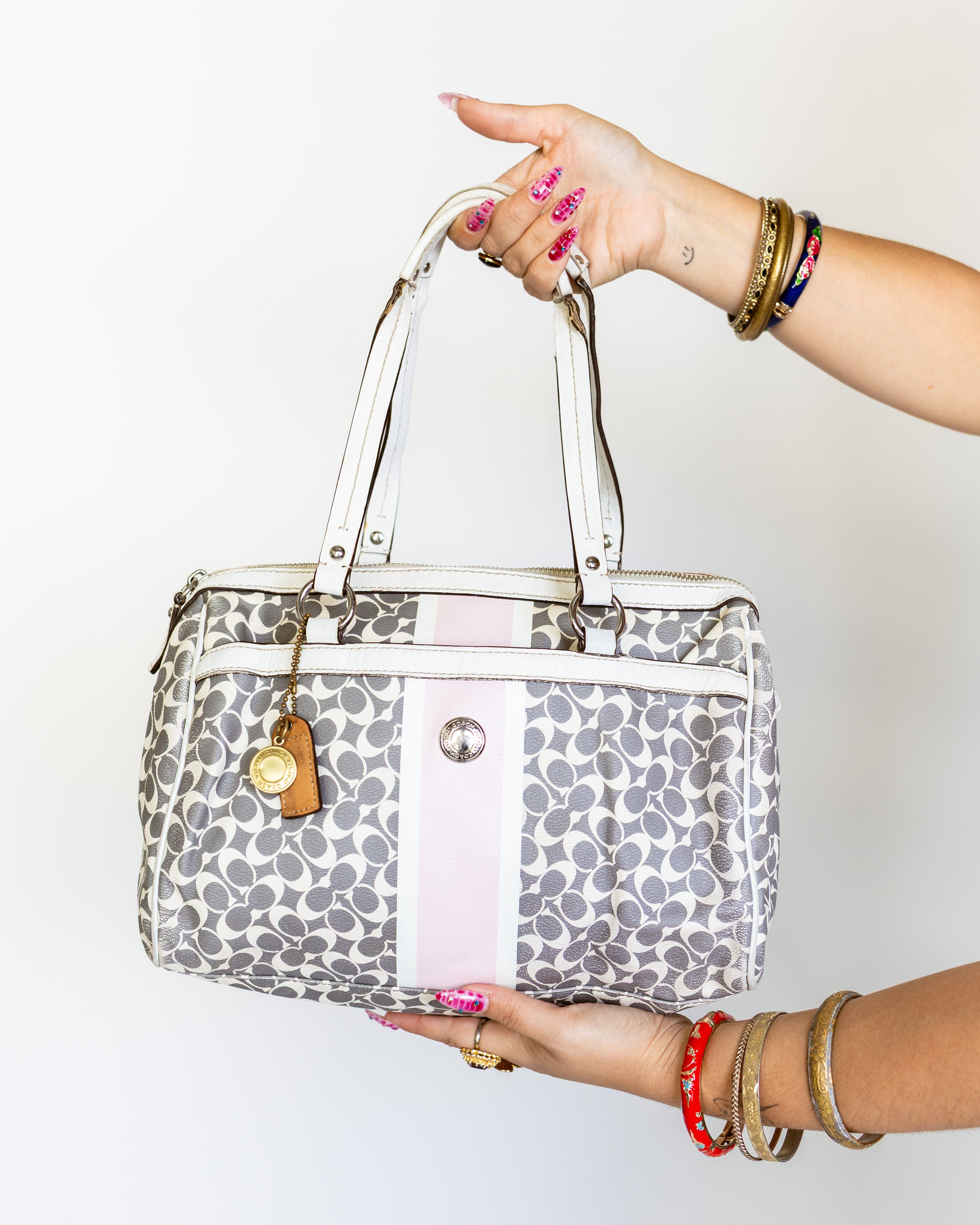 Coach Signature Grey Satchel with Pink Stripe and White Leather Trim