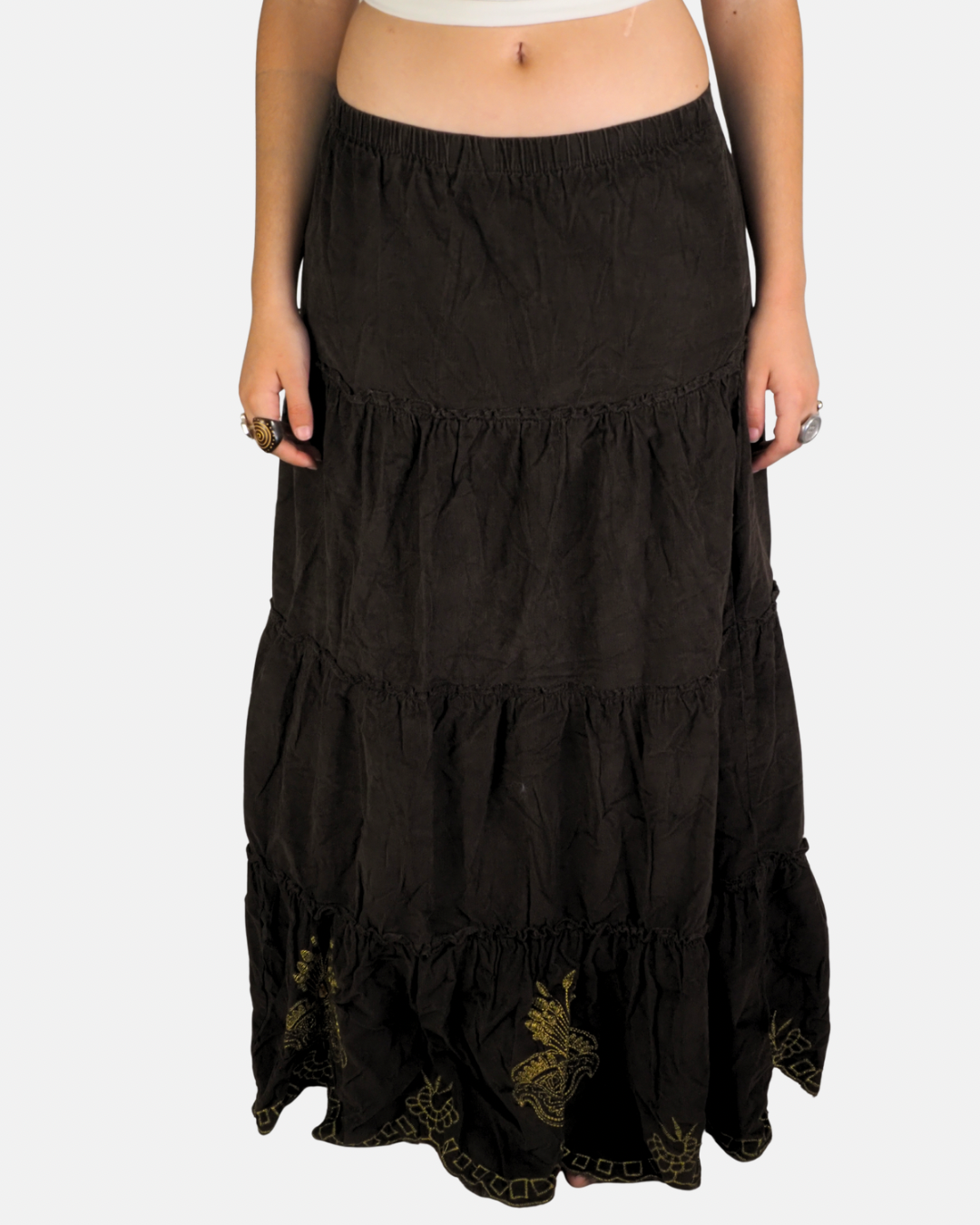 Y2K Brown Embroidered Boho Tiered Maxi Skirt