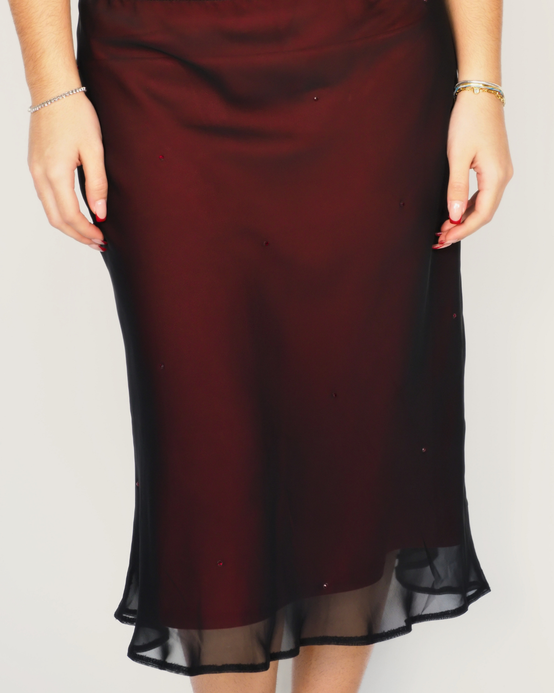 Burgundy Sheer Hem Midi Skirt – New Look (Vintage)