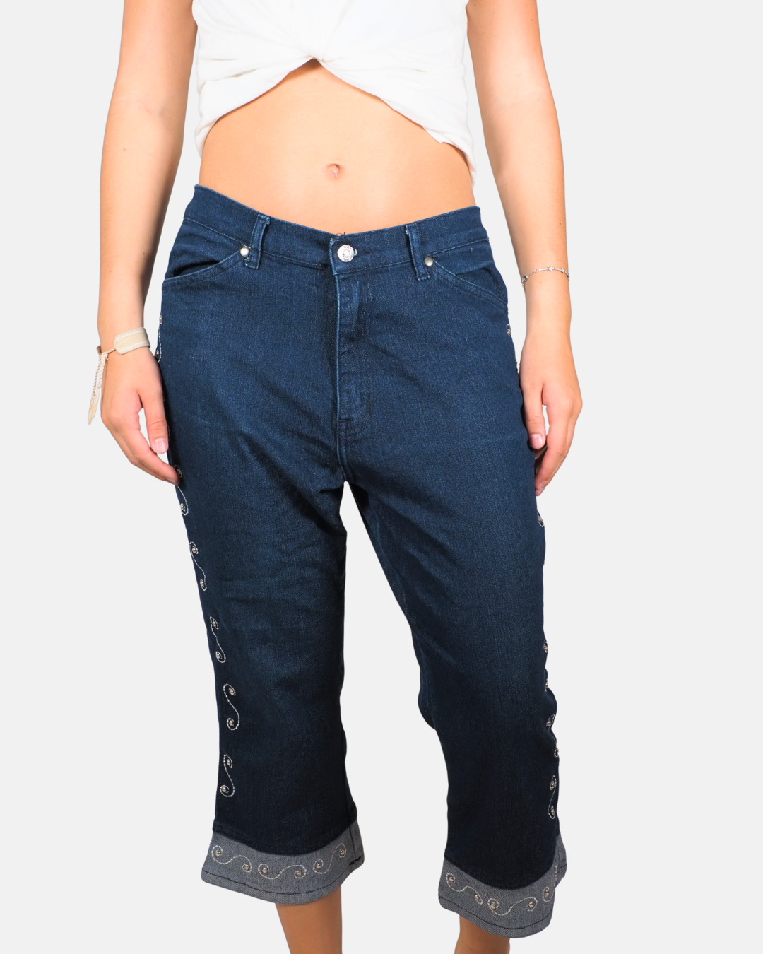 Dark Wash Embroidered Capri Jeans by Batjeans Basic