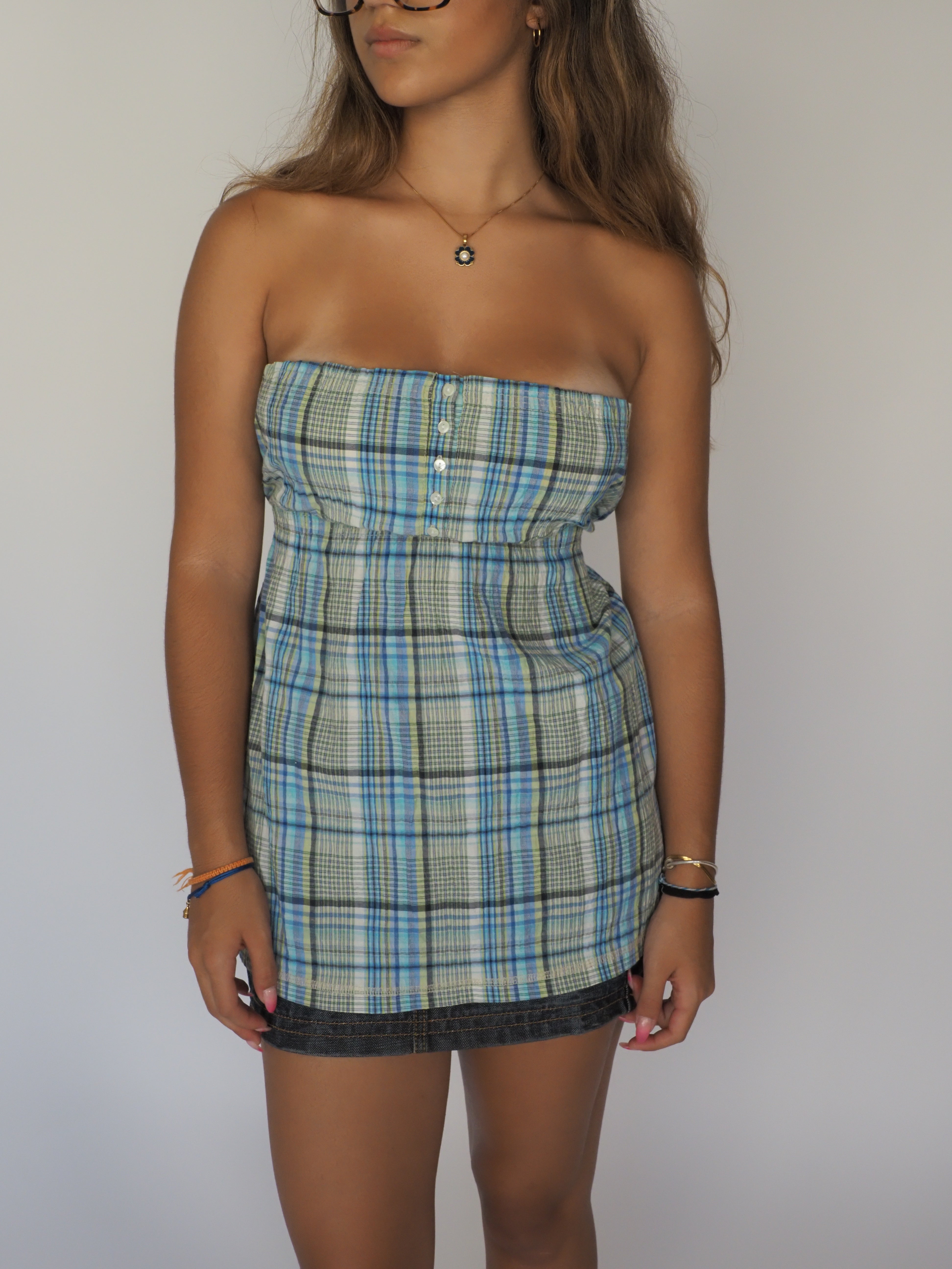 Play Life Green & Blue Plaid Cotton-Blend Bustier Top