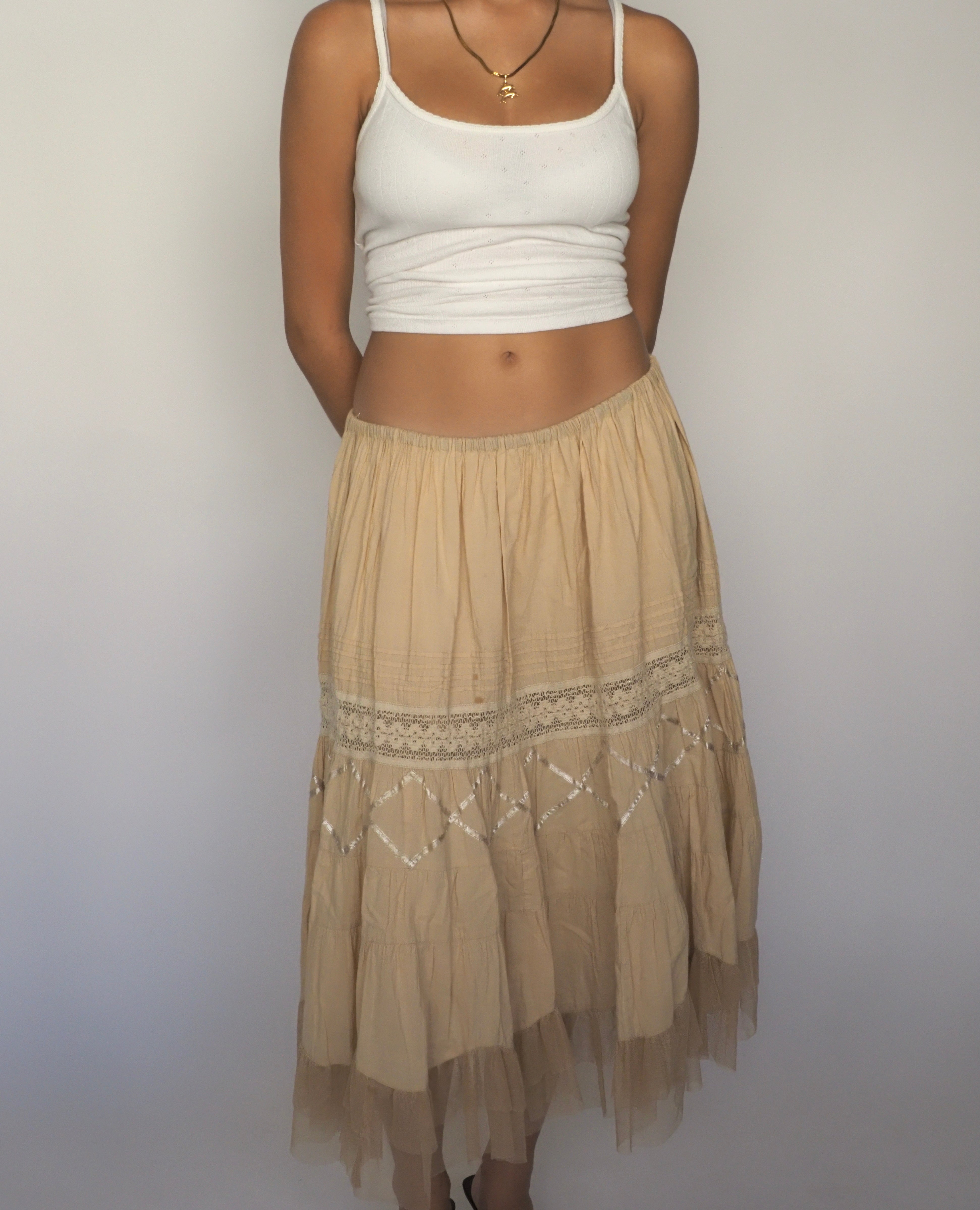 Beige Tulle-Lined Cottagecore Maxi Skirt