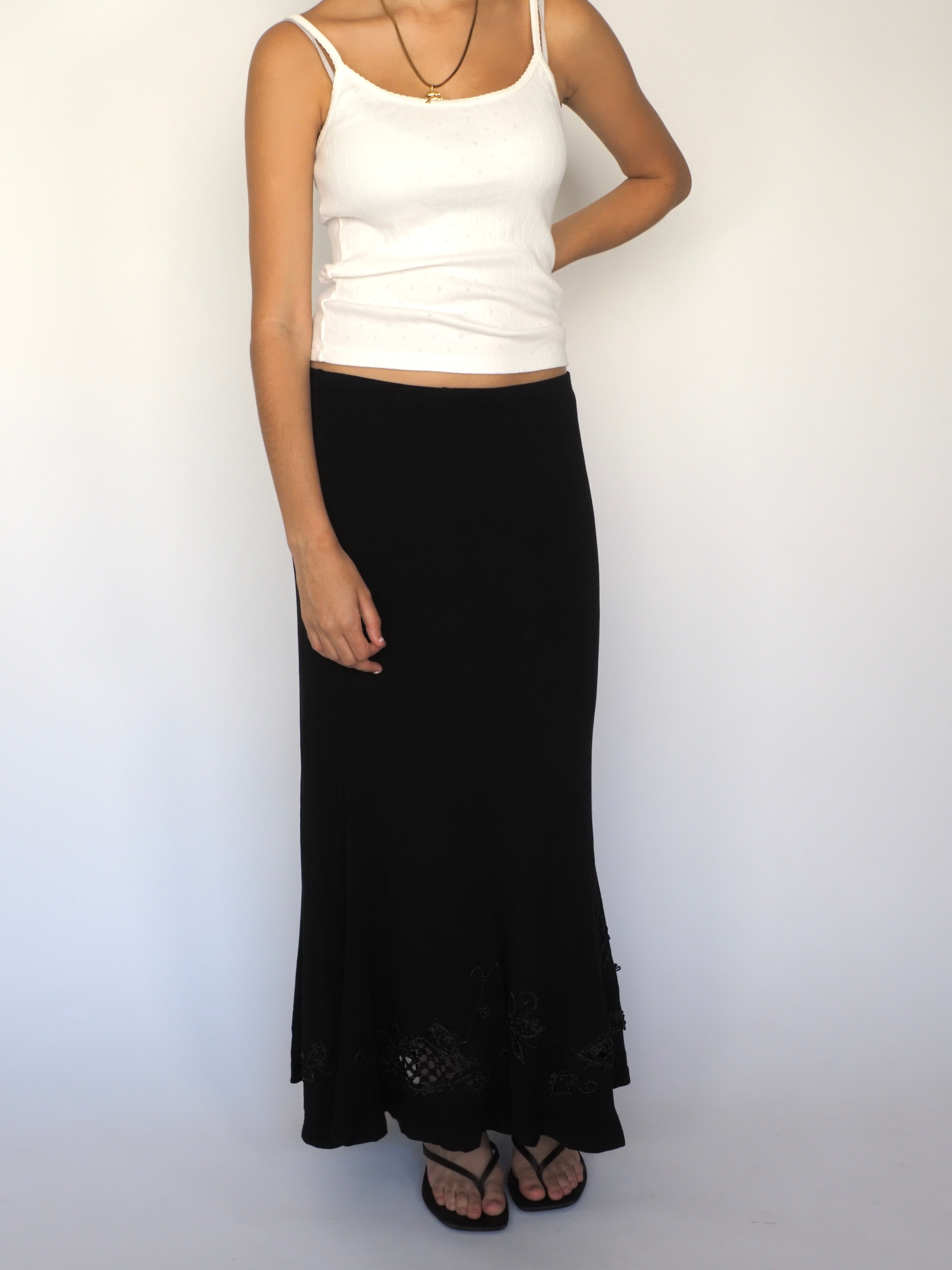 Black Bias-Cut Maxi Skirt with Beaded Hem & Lace Insets