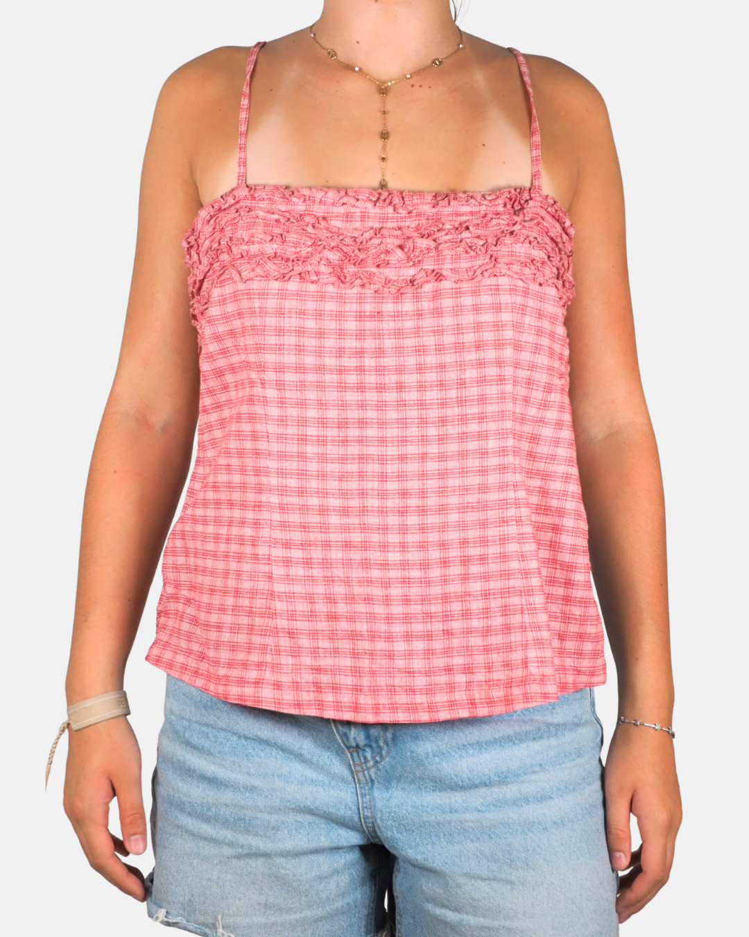 Vintage Pinky Red Plaid Ruffle Cami Top - Hennes