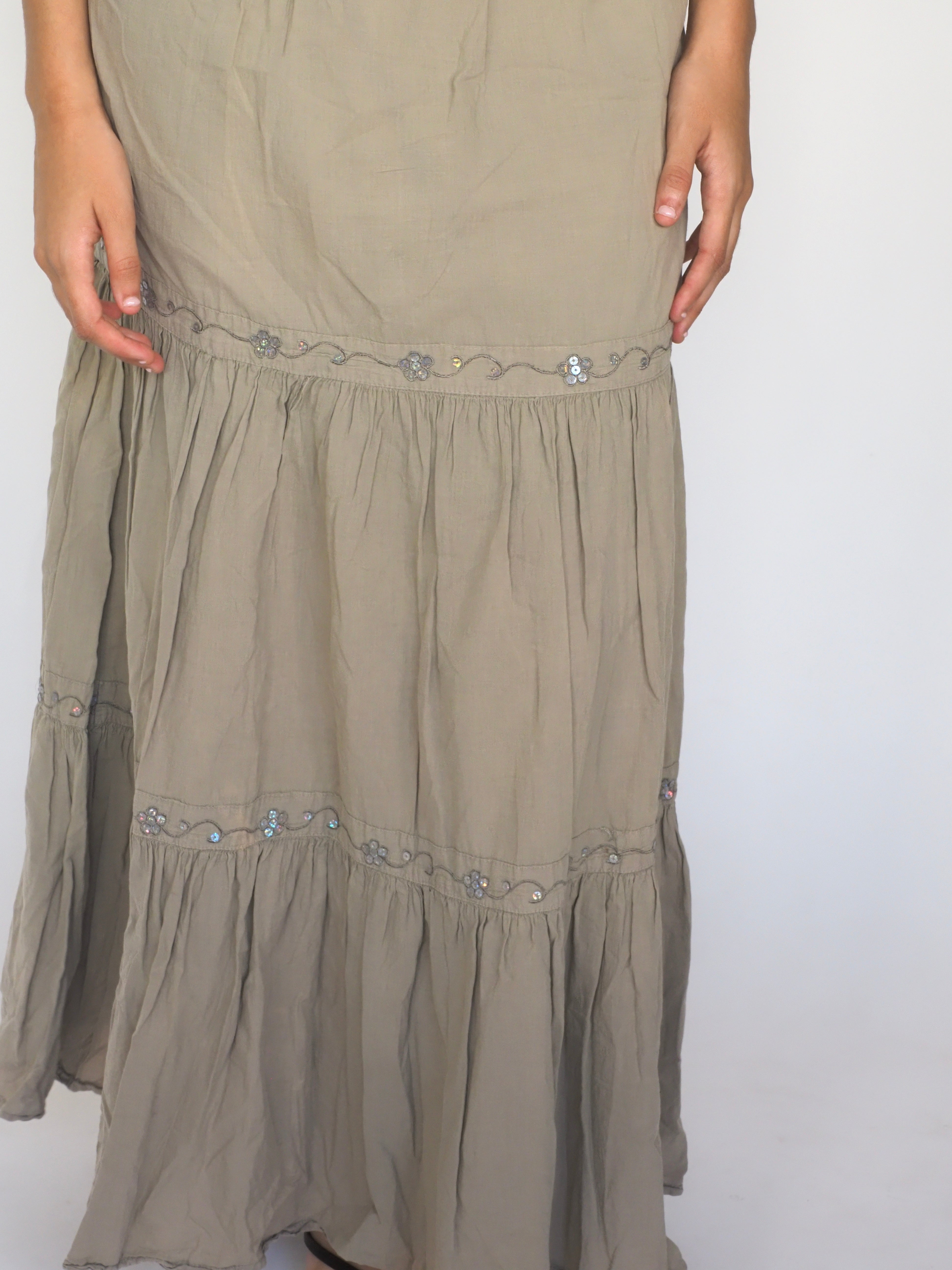 Khaki Embroidered Boho Maxi Skirt – You & Me Both