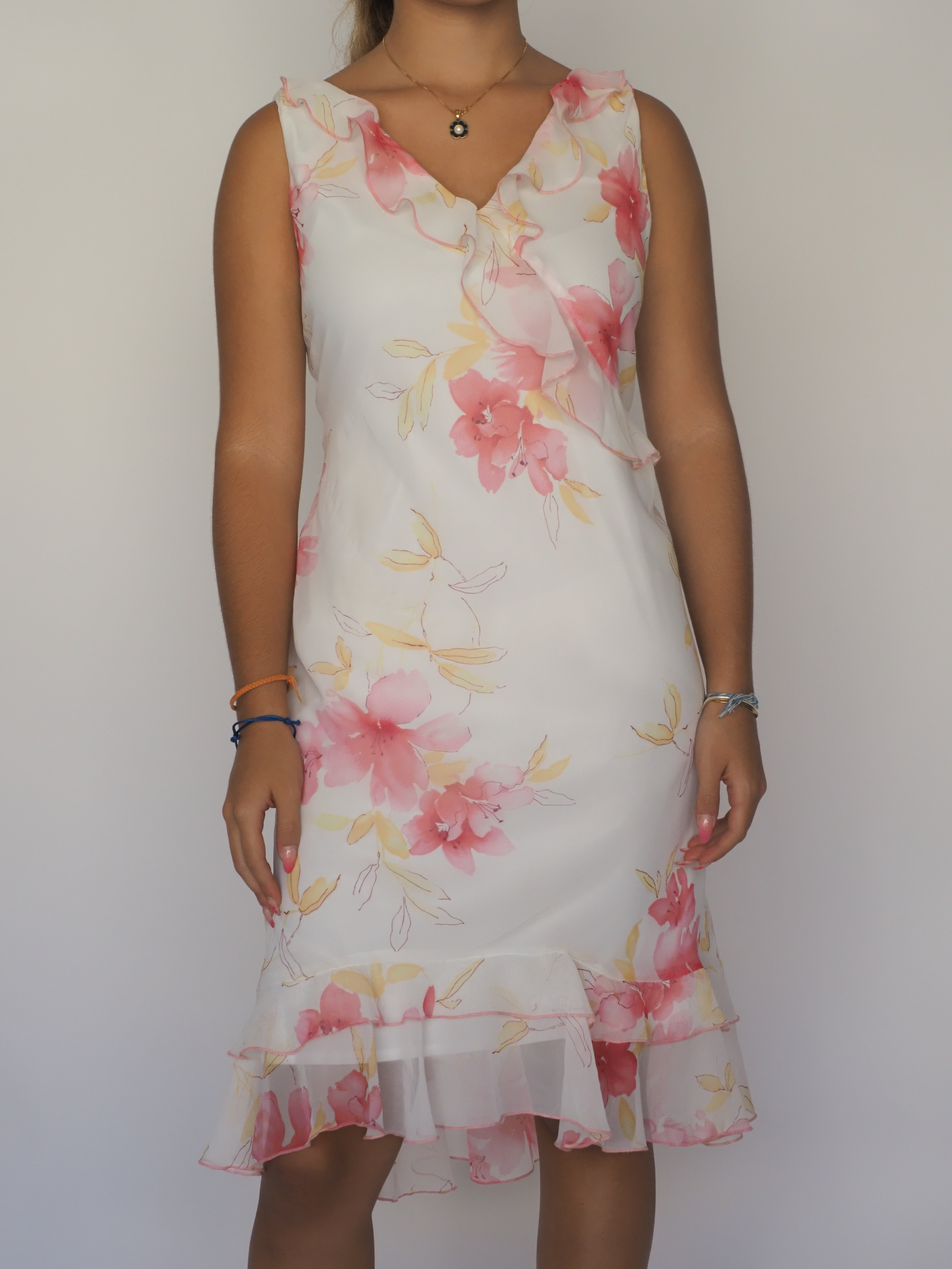 Vintage Floral Chiffon Midi Dress – Studio Y – White & Pink