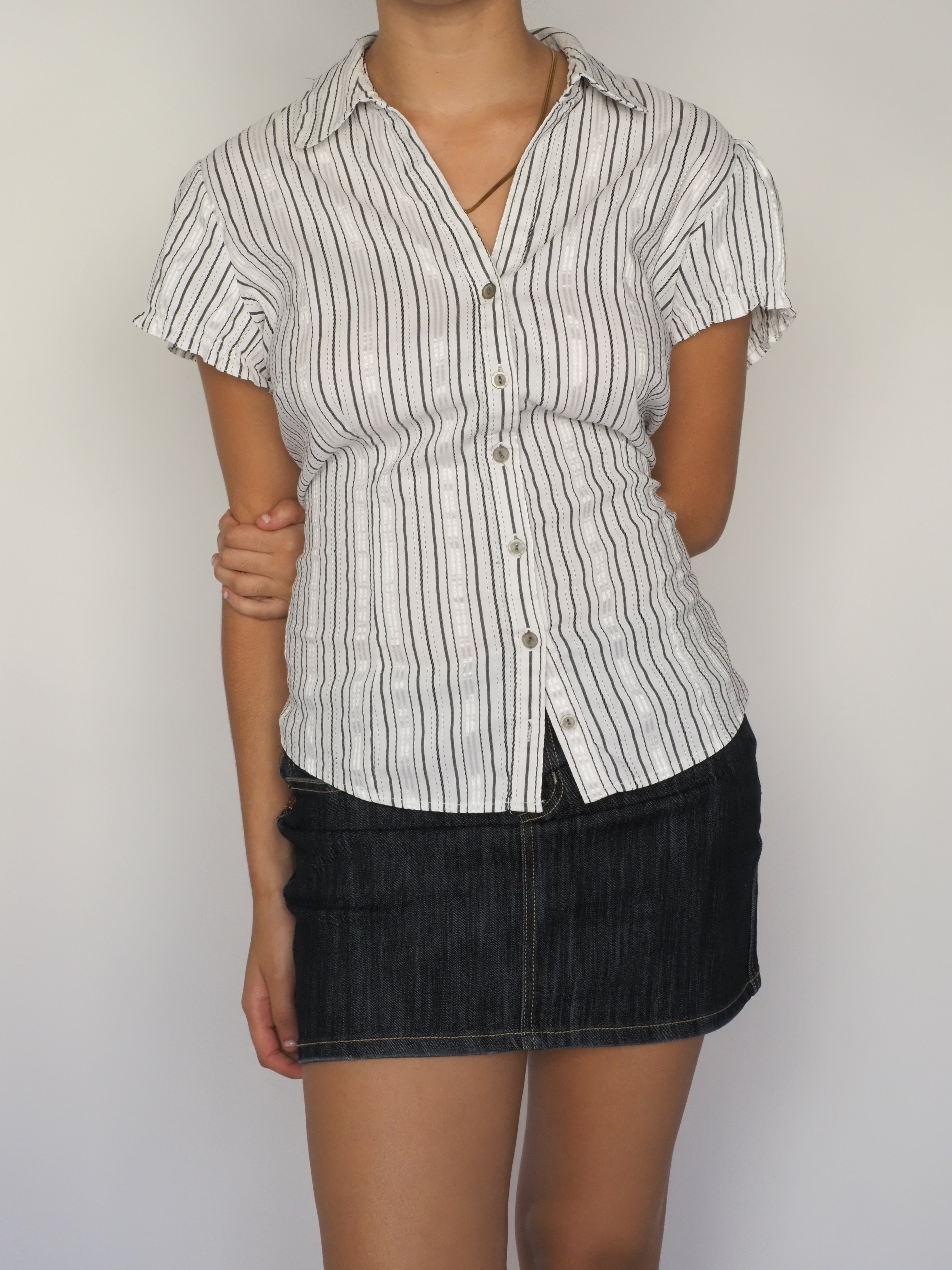 White & Black Vertical Stripe Short Sleeve Button-Up Shirt – BHS
