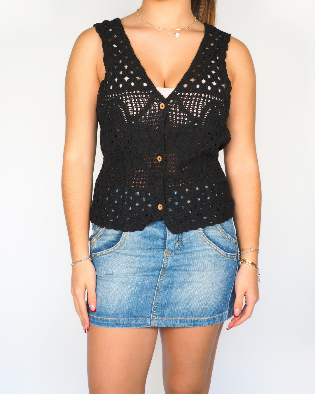 Black Crochet Knit Button-Up Vest Top