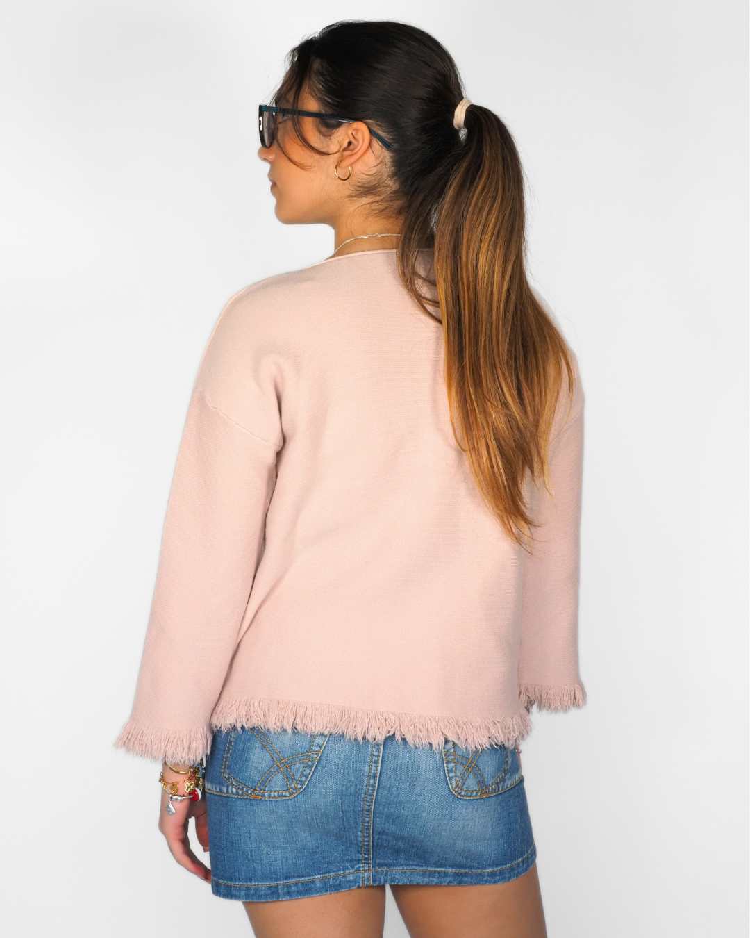 Blush Pink Fringed-Hem Knit Jumper – Soft Minimal Y2K Top