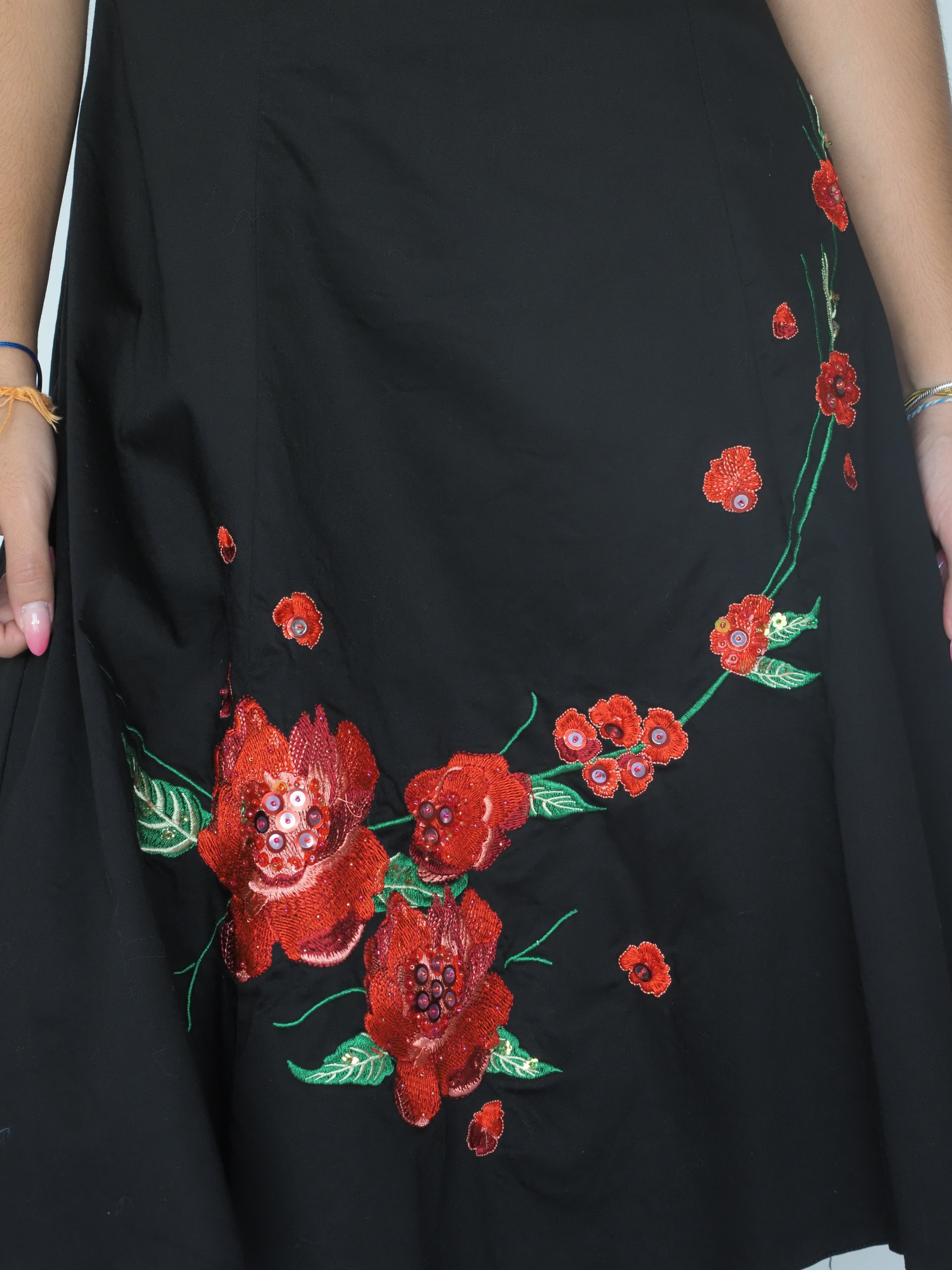 Black Strapless Midi Dress with Red Sequin Floral Embroidery – Cotton Club
