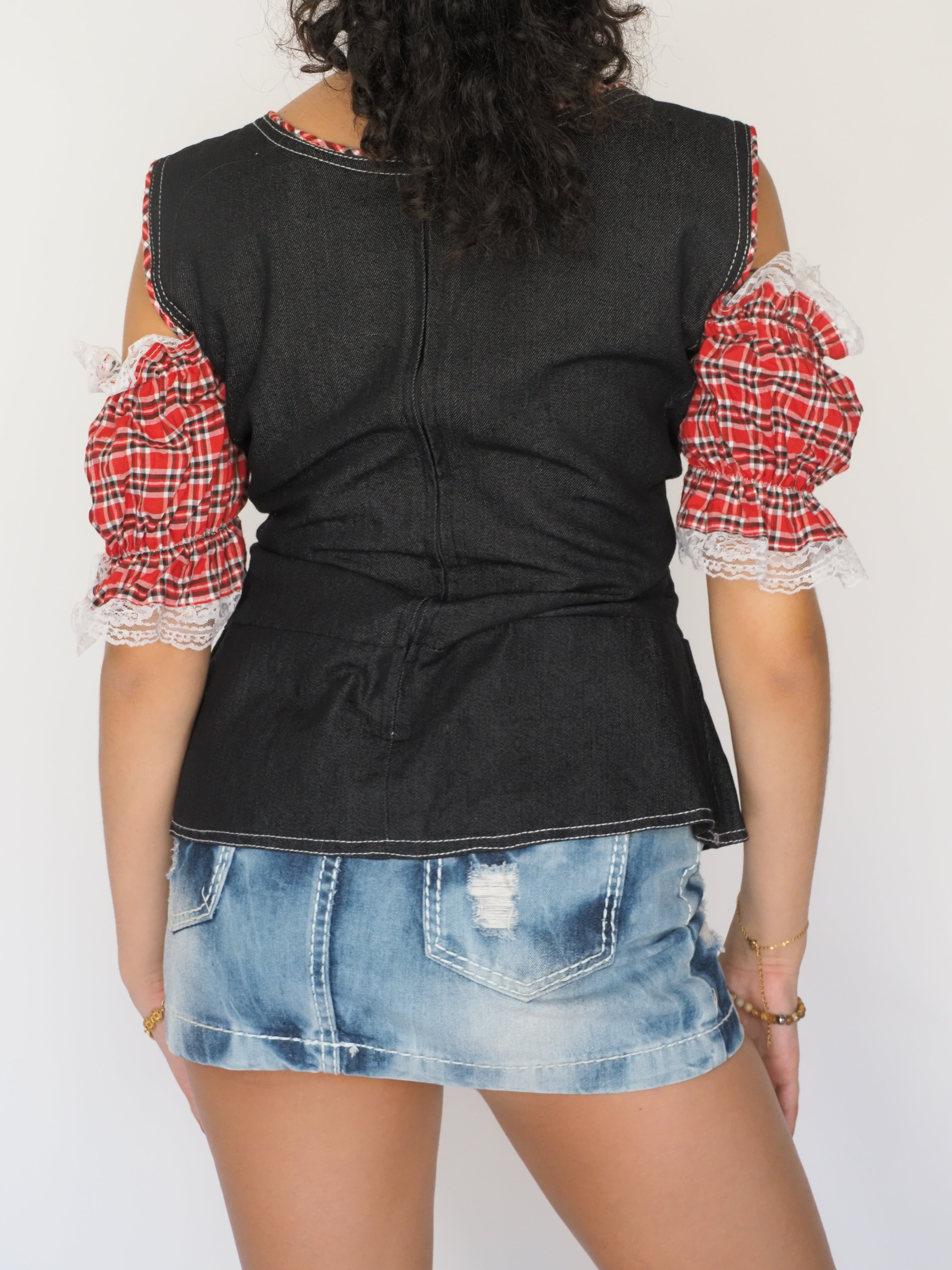 Vintage Bavarian-Inspired Plaid Blouse with Denim Harness – Crazy Days