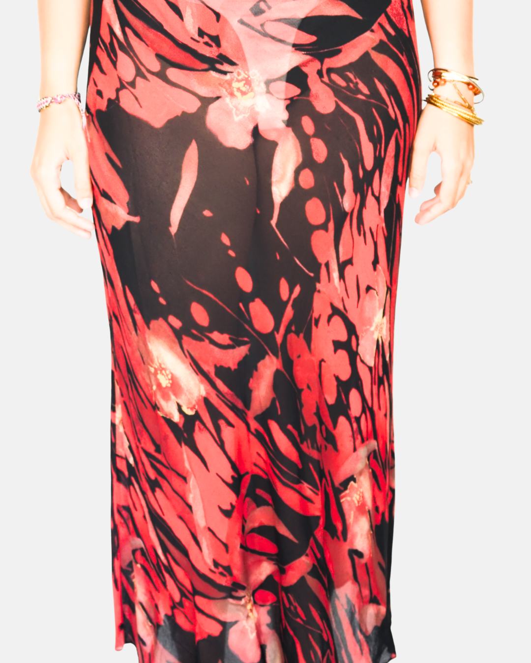 Vintage Crimson Abstract Mesh Maxi Skirt