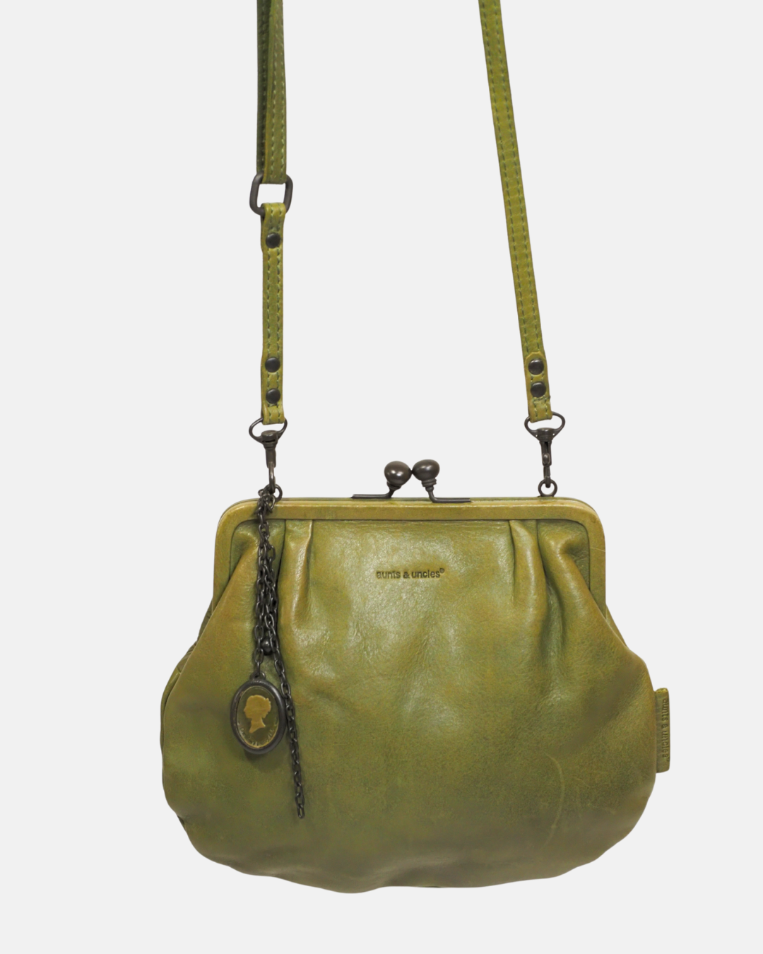 aunts & uncles Olive Green Leather Kiss-Lock Crossbody Bag