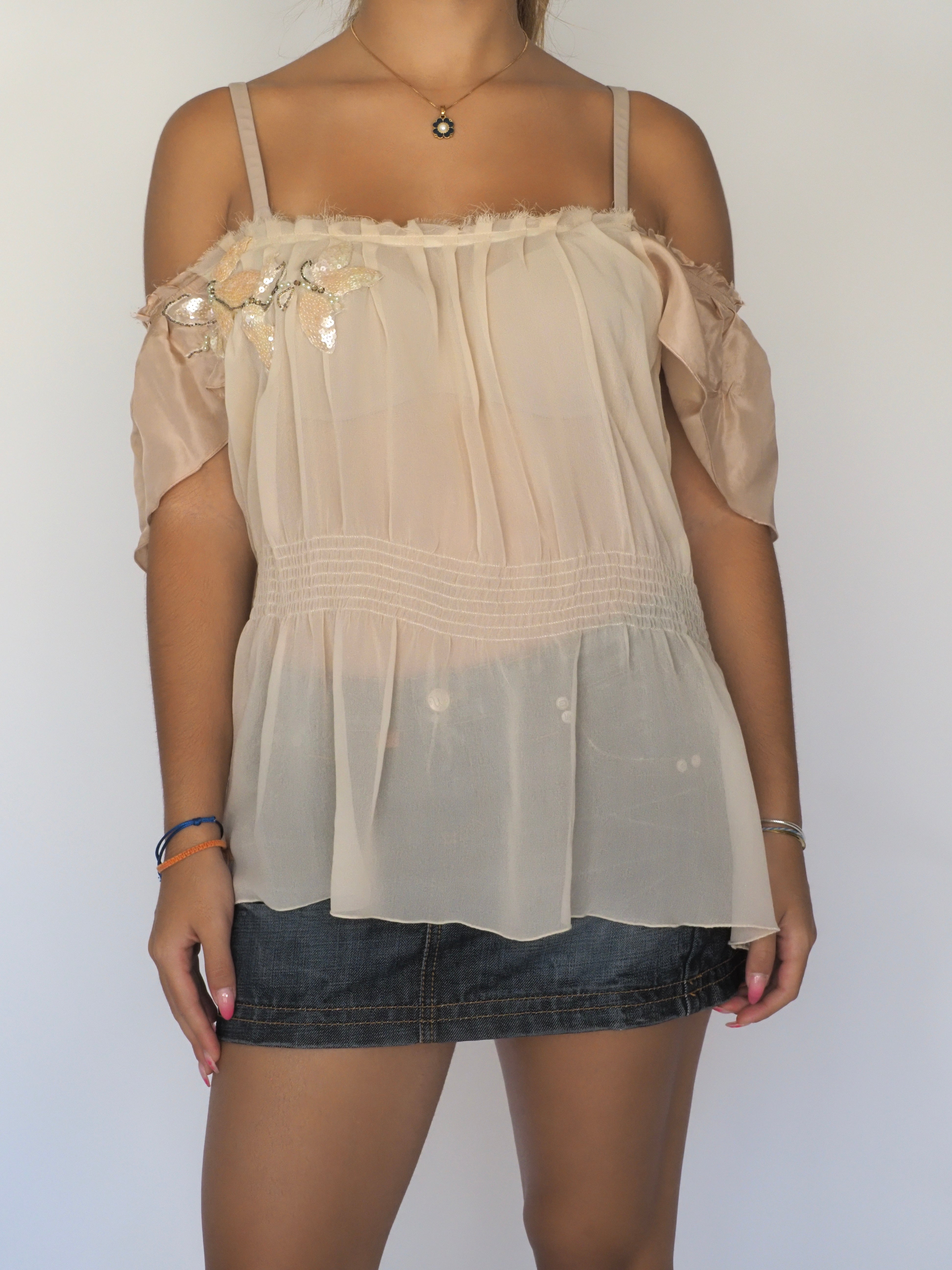 Vintage Y2K Miss Selfridge Blush Chiffon Off‑Shoulder Top with Sequin Butterfly