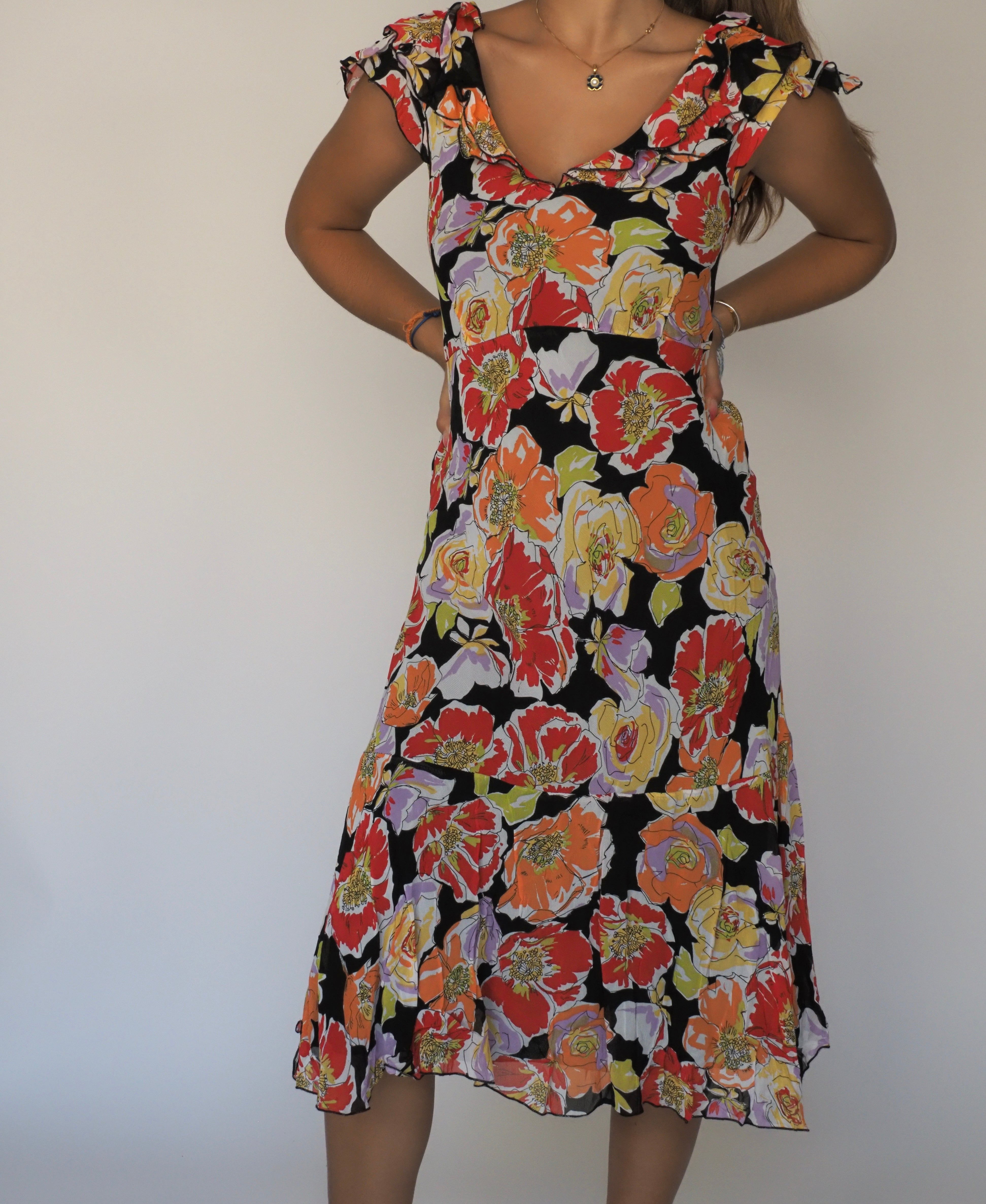 Bold Multi-Colour Floral Midi Dress with Ruffle Sleeves – Lemon